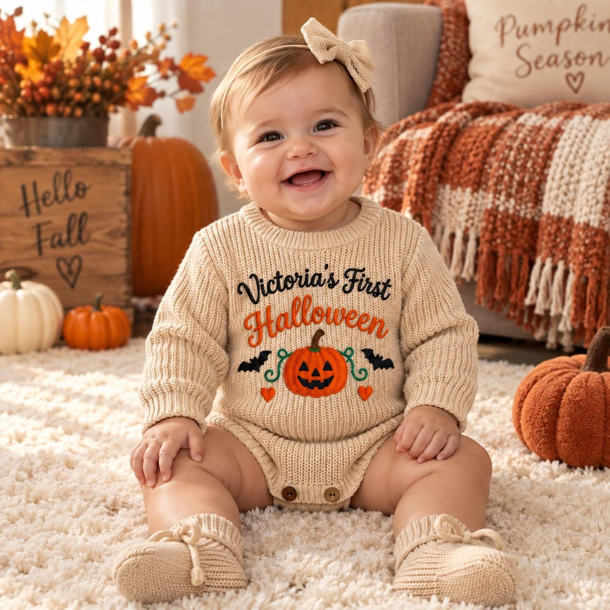 Personalized Baby Halloween Romper, Embroidered First Halloween Outfit, Little Pumpkin Bodysuit, Custom Baby Fall Outfit