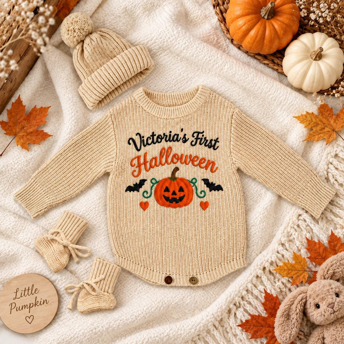 Personalized Baby Halloween Romper, Embroidered First Halloween Outfit, Little Pumpkin Bodysuit, Custom Baby Fall Outfit