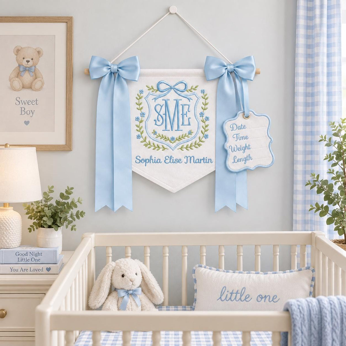 Personalized Baby Banner with Birth Name Tag, Monogram Name Sign, Hospital Door Sign, Newborn Announcement, Nursery Hanging with Bows