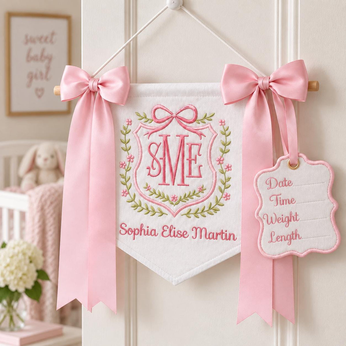 Personalized Baby Banner with Birth Name Tag, Monogram Name Sign, Hospital Door Sign, Newborn Announcement, Nursery Hanging with Bows
