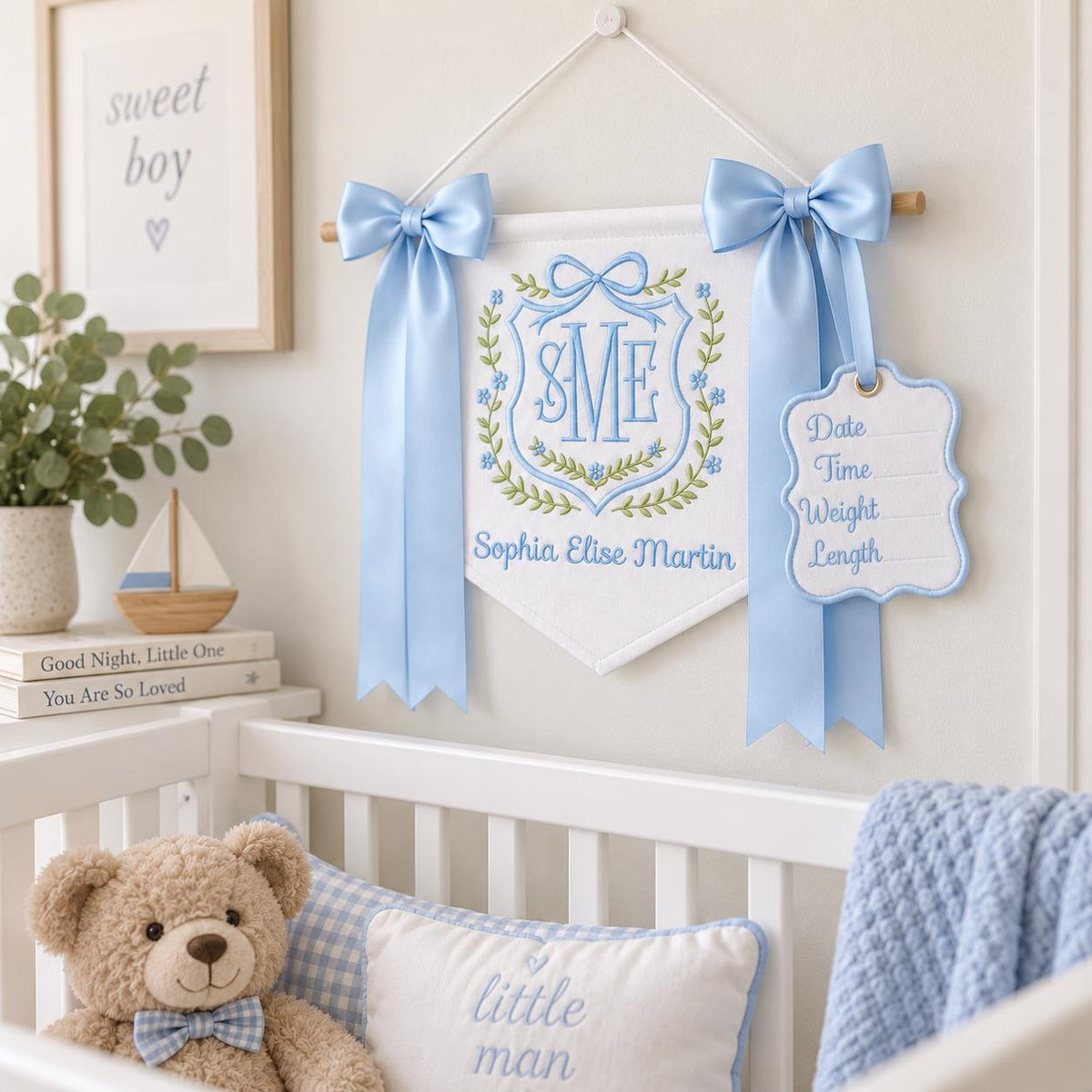 Personalized Baby Banner with Birth Name Tag, Monogram Name Sign, Hospital Door Sign, Newborn Announcement, Nursery Hanging with Bows