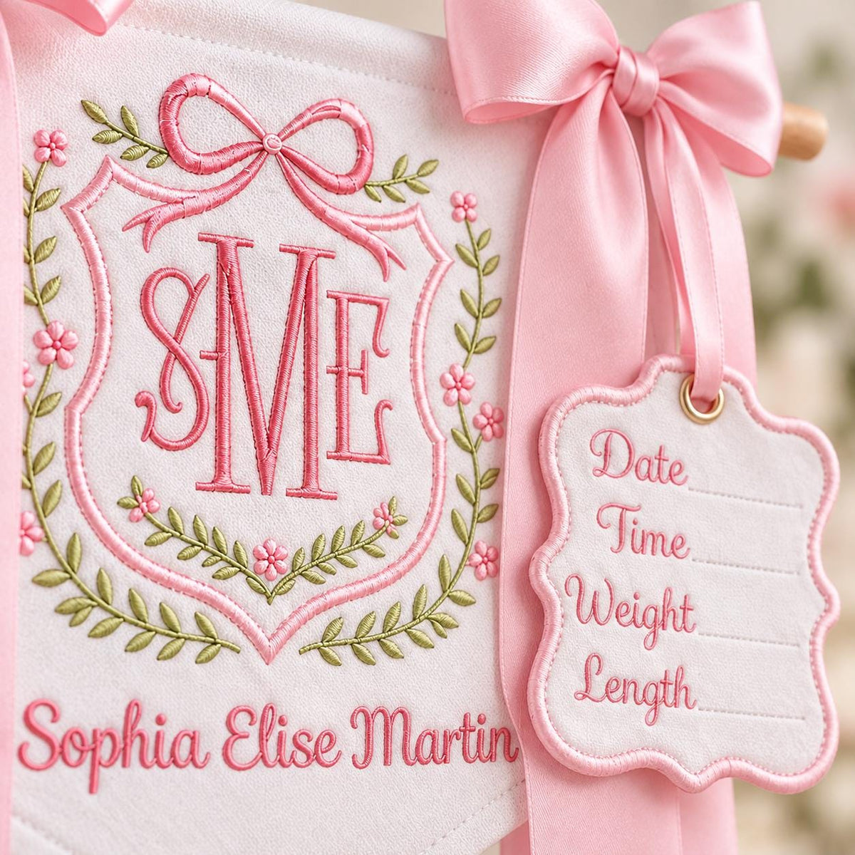 Personalized Baby Banner with Birth Name Tag, Monogram Name Sign, Hospital Door Sign, Newborn Announcement, Nursery Hanging with Bows