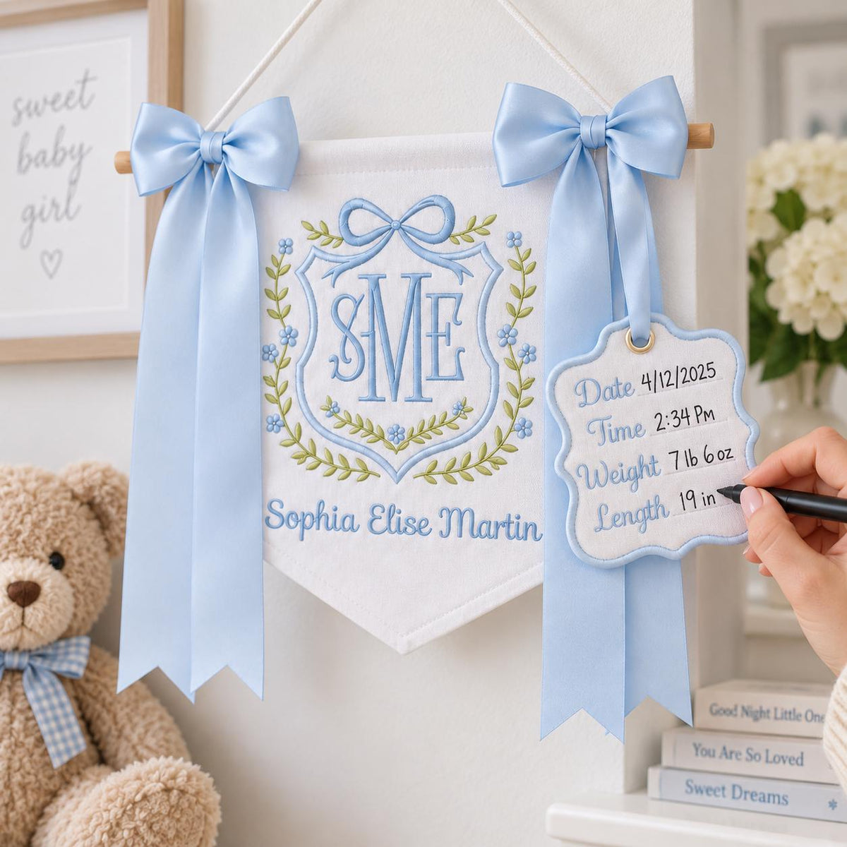 Personalized Baby Banner with Birth Name Tag, Monogram Name Sign, Hospital Door Sign, Newborn Announcement, Nursery Hanging with Bows