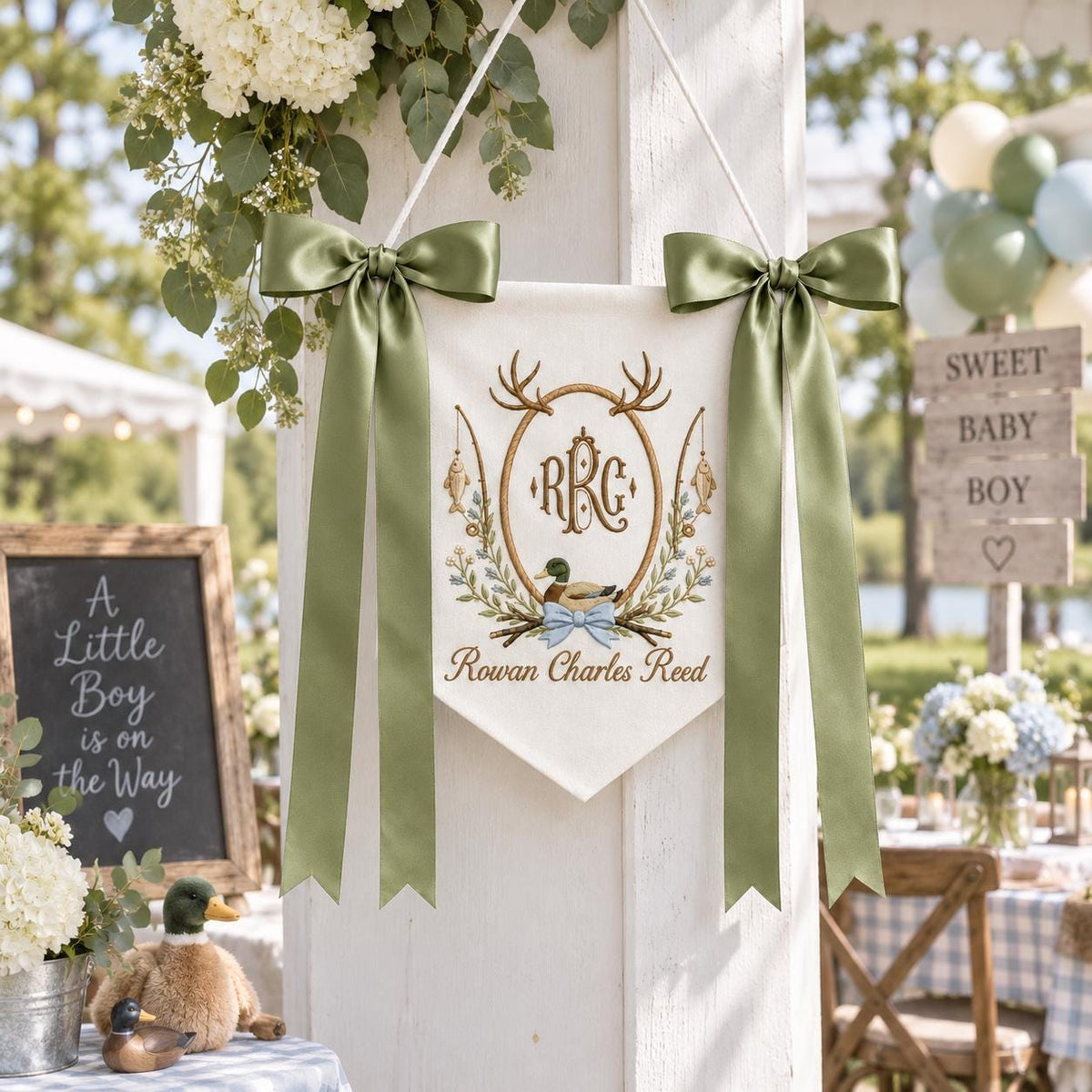Personalized Duck Baby Banner with Birth Date, Monogram Name Sign, Hospital Door Sign, Nursery Hanging Pennant with Sage Green Bow