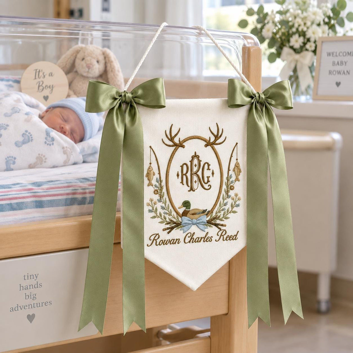Personalized Duck Baby Banner with Birth Date, Monogram Name Sign, Hospital Door Sign, Nursery Hanging Pennant with Sage Green Bow