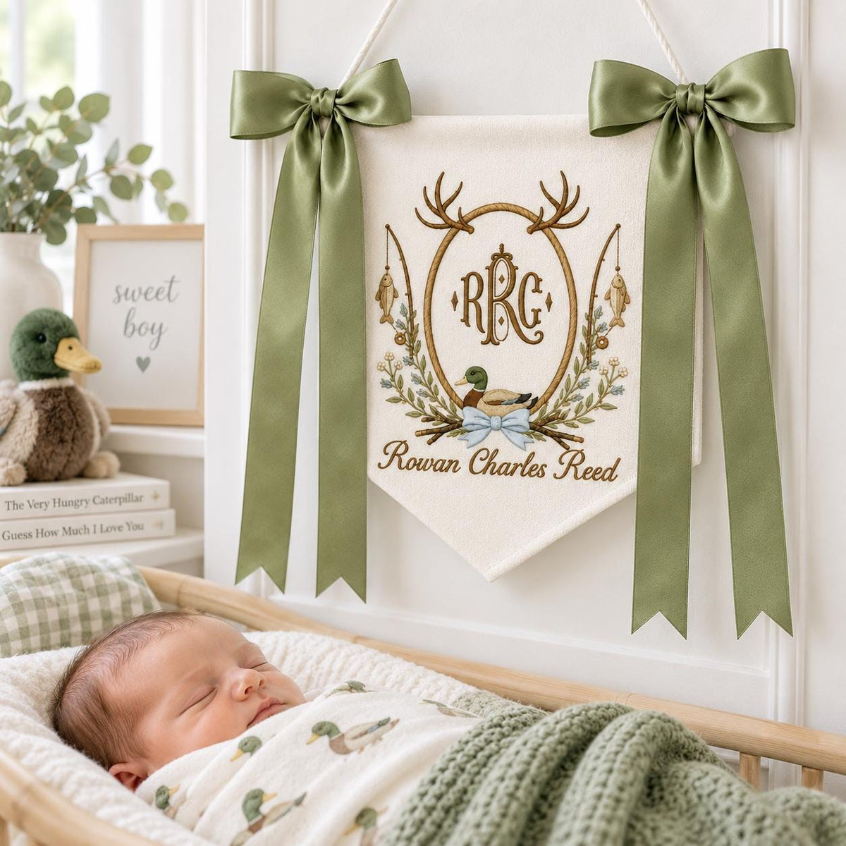 Personalized Duck Baby Banner with Birth Date, Monogram Name Sign, Hospital Door Sign, Nursery Hanging Pennant with Sage Green Bow