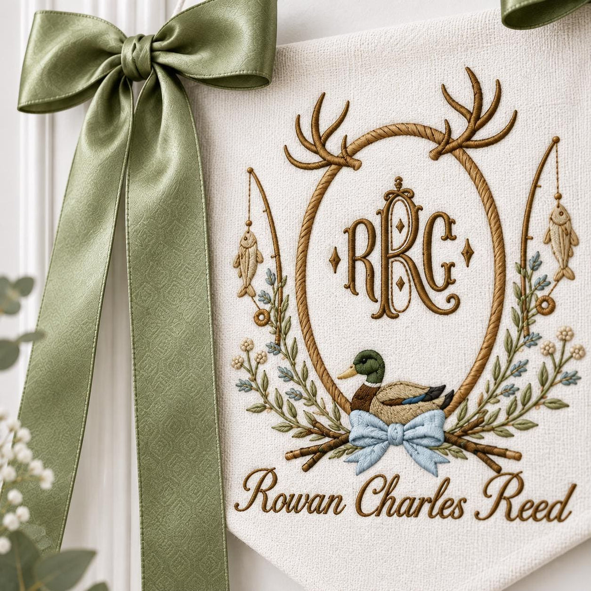 Personalized Duck Baby Banner with Birth Date, Monogram Name Sign, Hospital Door Sign, Nursery Hanging Pennant with Sage Green Bow