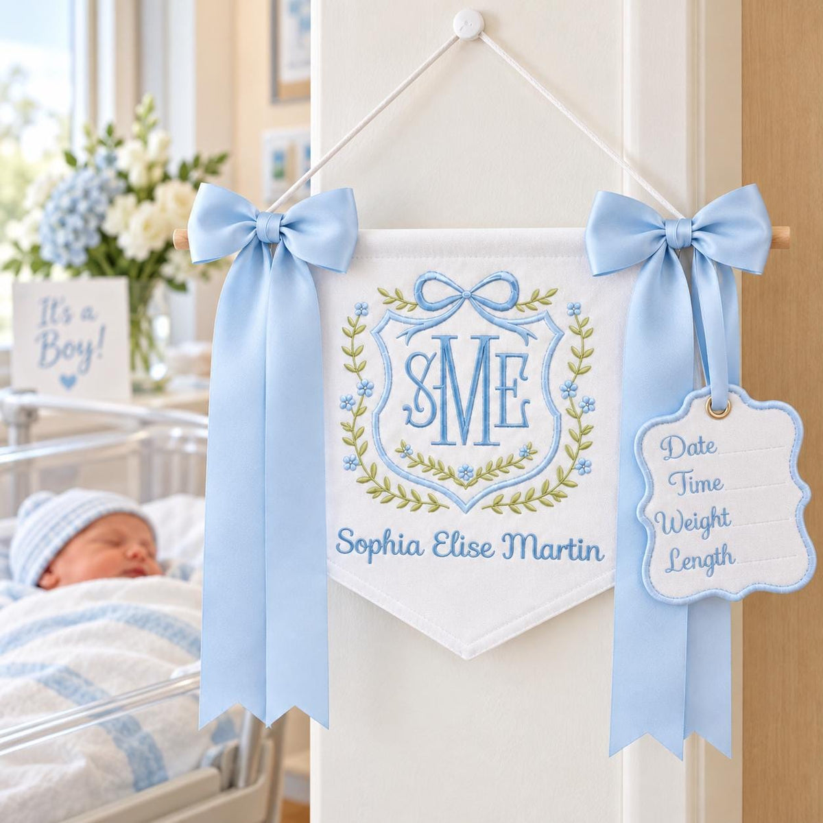 Custom Baby Banner with Birth Name Tag, Welcome Banner with Floral Crest, Bows Baby Banner, Hospital Door Sign, Baby Shower Gifts