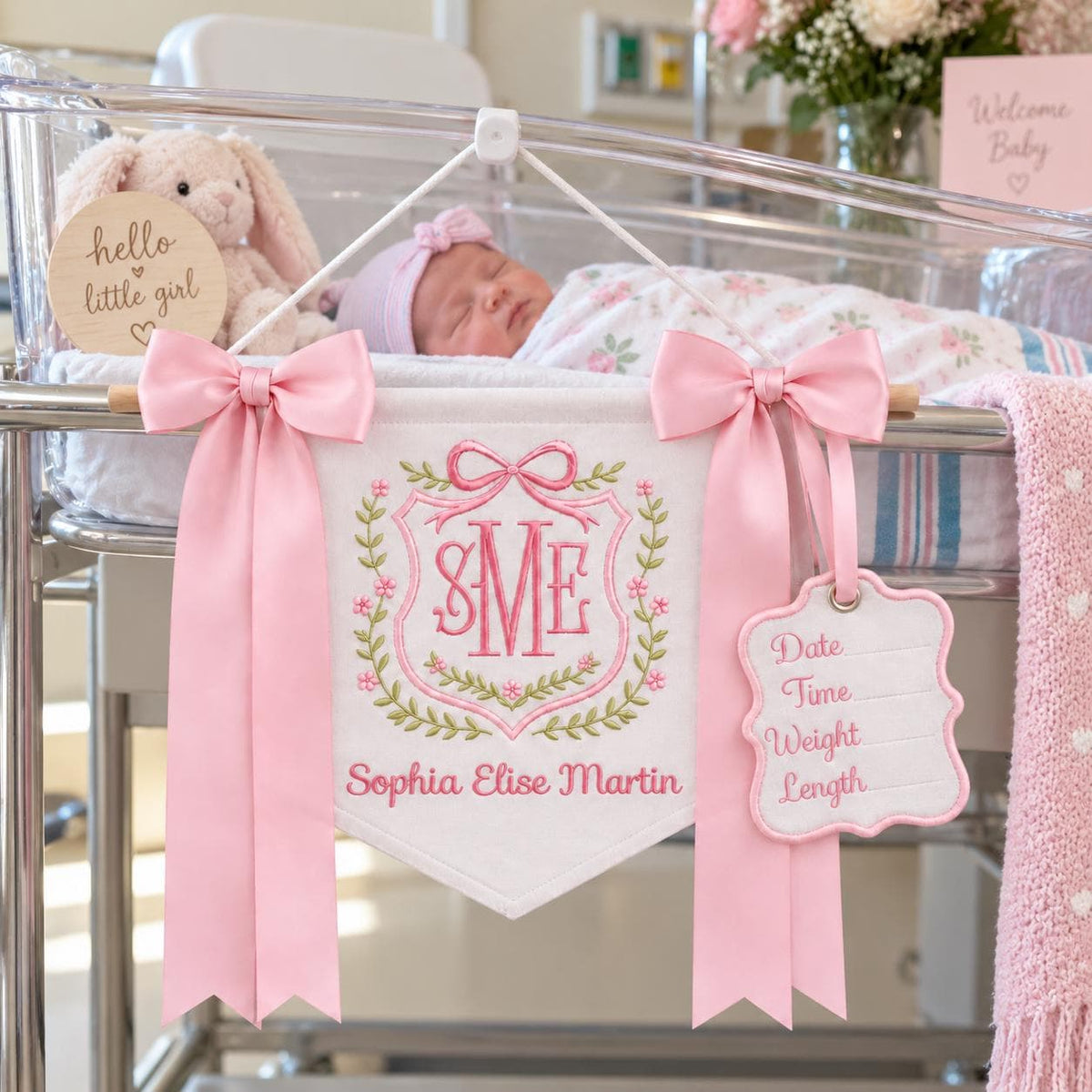 Custom Baby Banner with Birth Name Tag, Welcome Banner with Floral Crest, Bows Baby Banner, Hospital Door Sign, Baby Shower Gifts