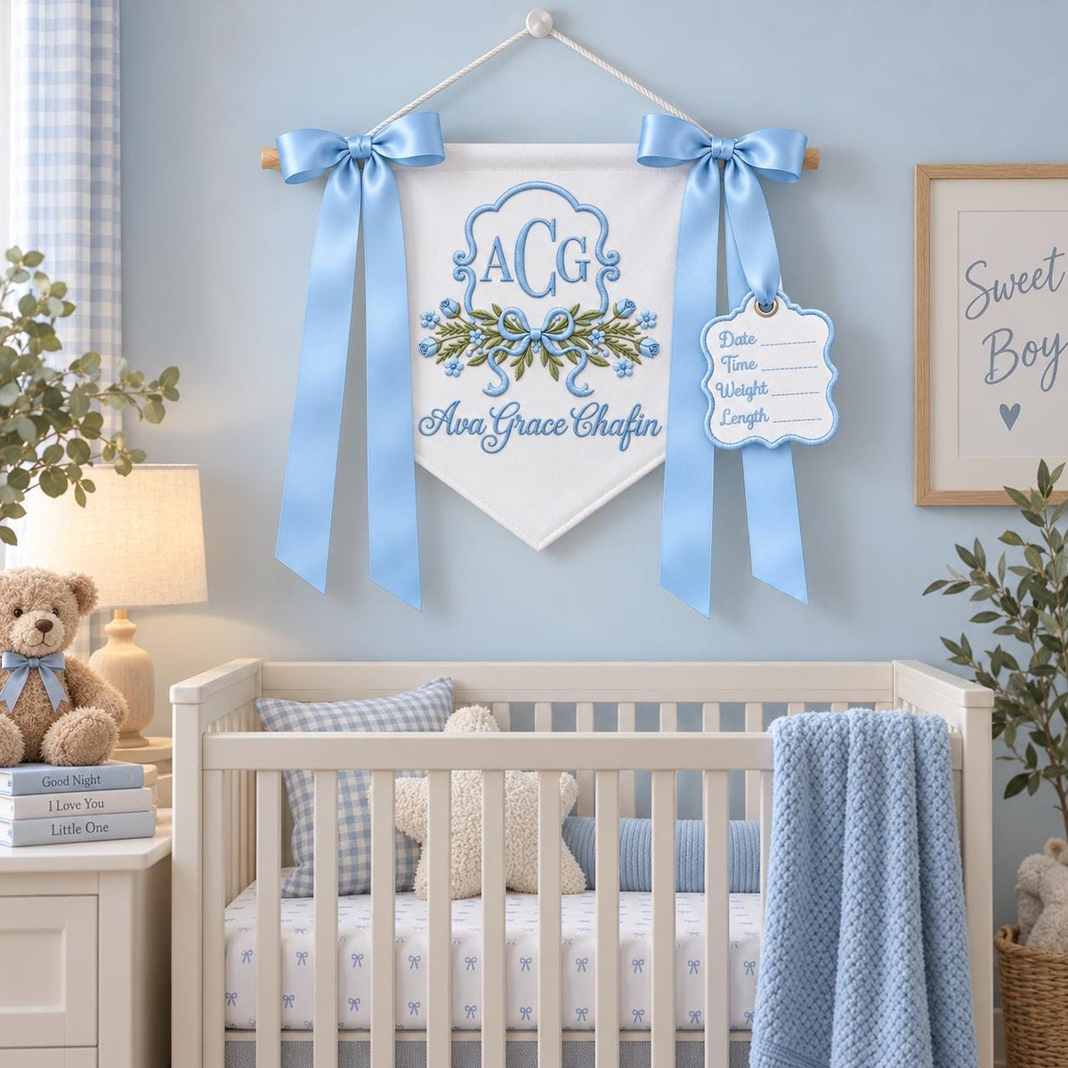 Custom Baby Banner with Birth Name Tag, Welcome Banner with Floral Crest, Bows Baby Banner, Hospital Door Sign, Baby Shower Gifts