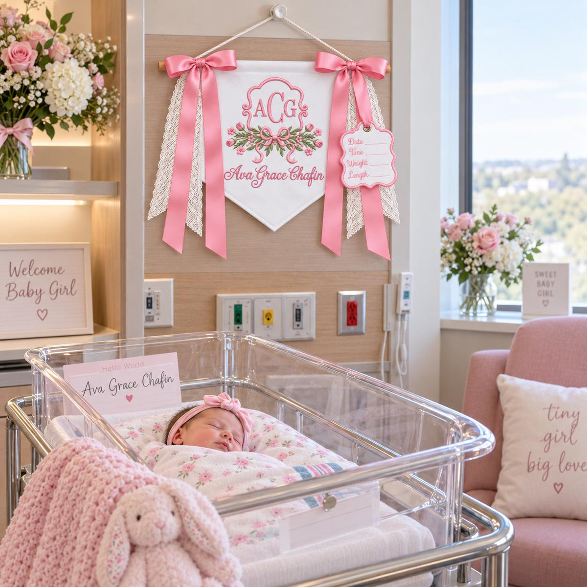 Custom Baby Banner with Birth Name Tag, Welcome Banner with Floral Crest, Bows Baby Banner, Hospital Door Sign, Baby Shower Gifts