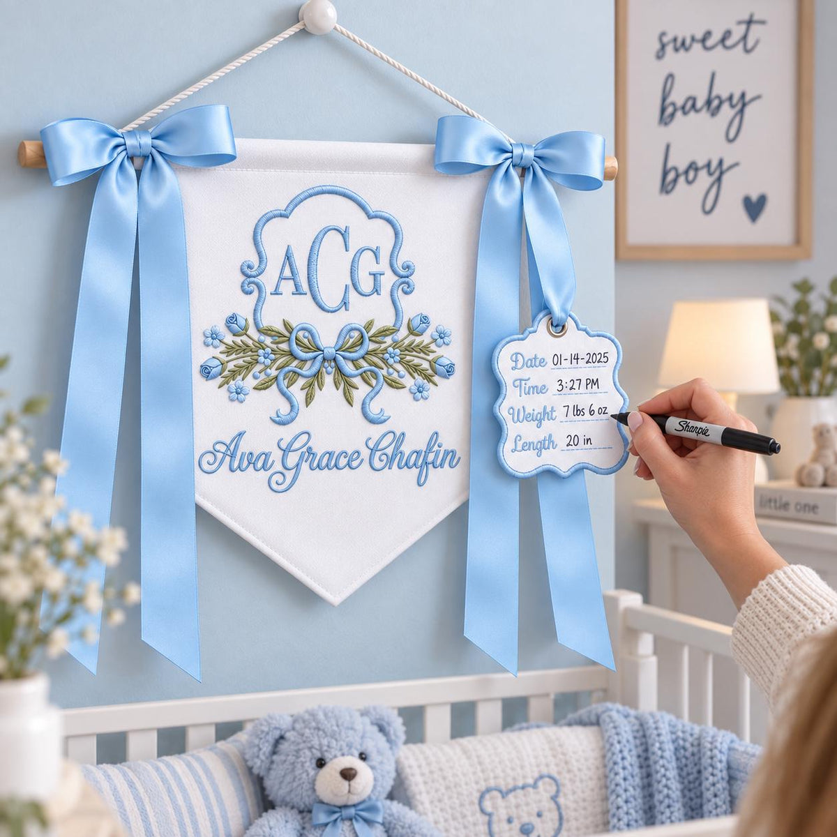 Custom Baby Banner with Birth Name Tag, Welcome Banner with Floral Crest, Bows Baby Banner, Hospital Door Sign, Baby Shower Gifts
