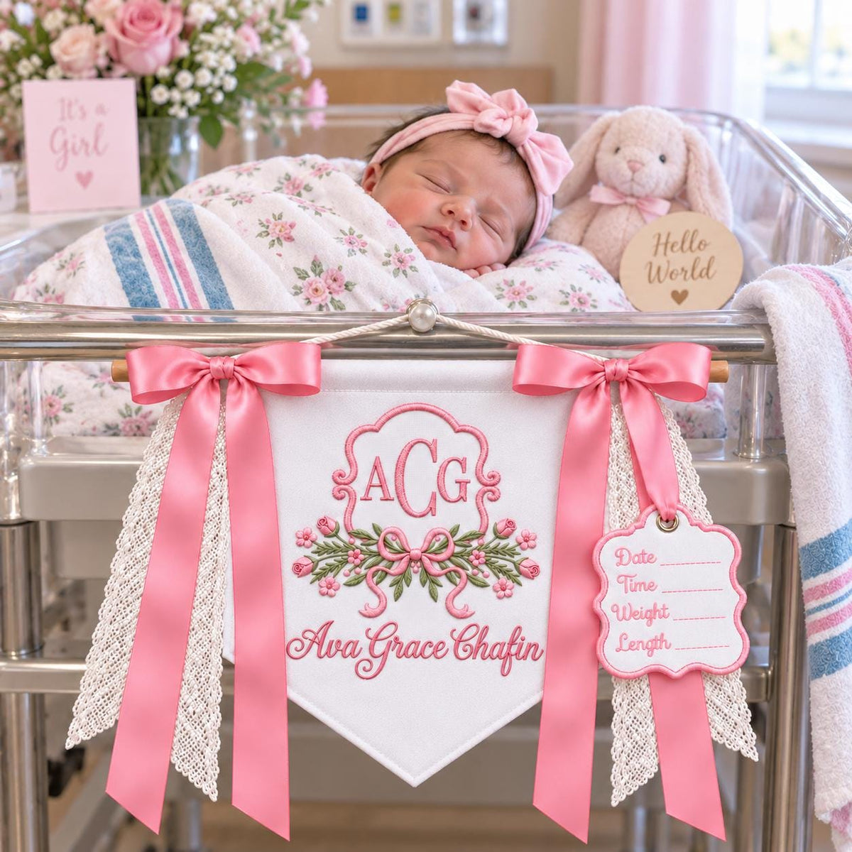 Custom Baby Banner with Birth Name Tag, Welcome Banner with Floral Crest, Bows Baby Banner, Hospital Door Sign, Baby Shower Gifts