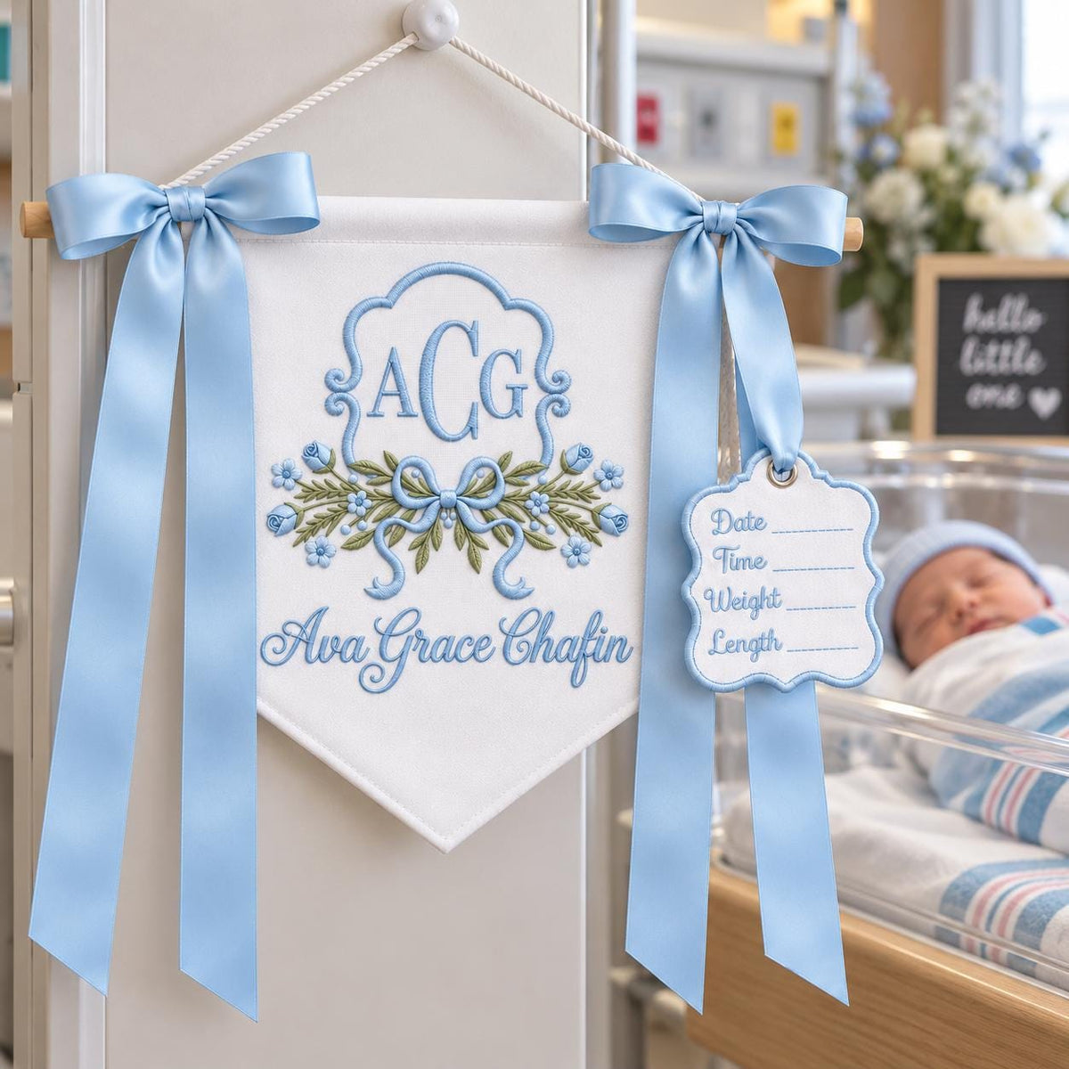 Custom Baby Banner with Birth Name Tag, Welcome Banner with Floral Crest, Bows Baby Banner, Hospital Door Sign, Baby Shower Gifts