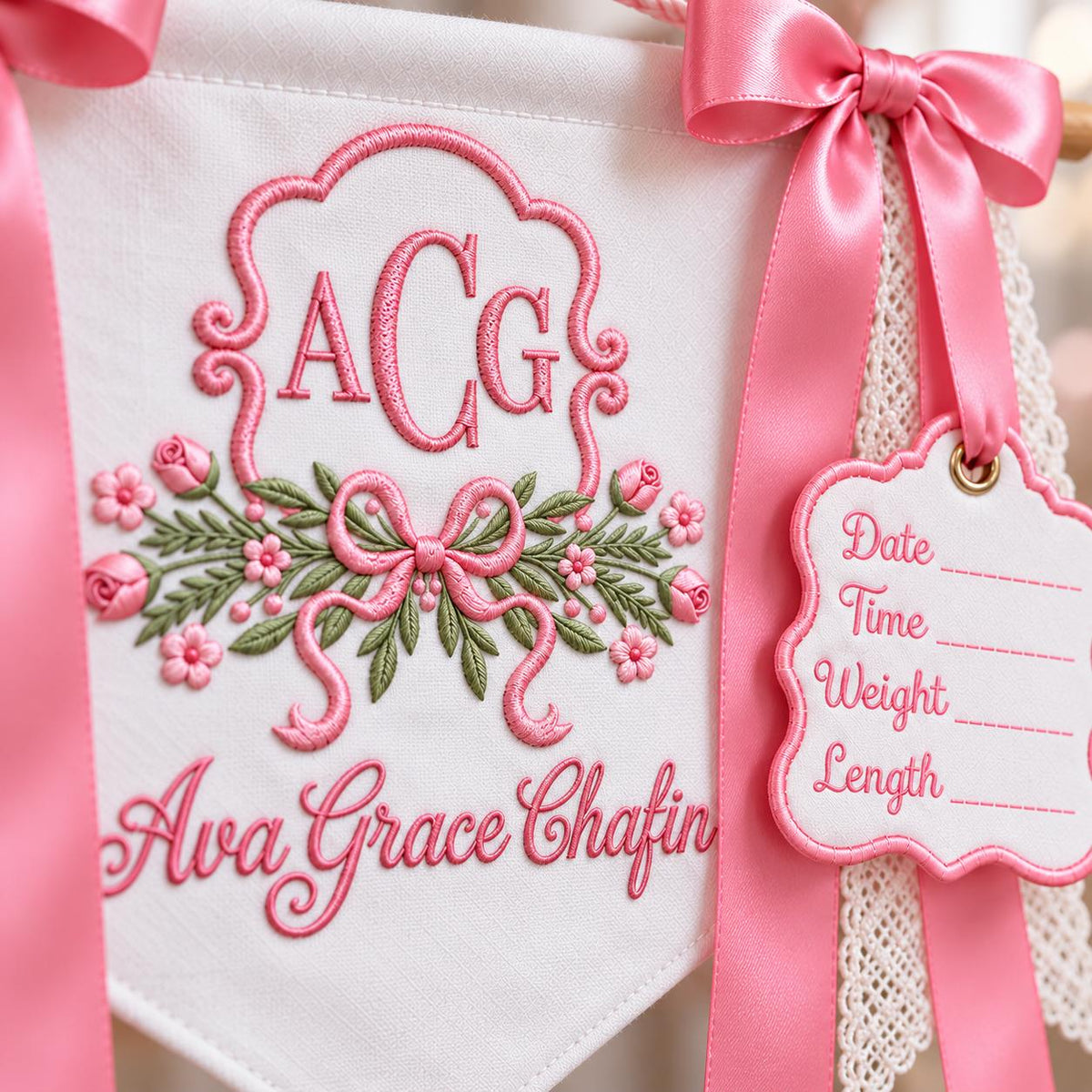 Custom Baby Banner with Birth Name Tag, Welcome Banner with Floral Crest, Bows Baby Banner, Hospital Door Sign, Baby Shower Gifts