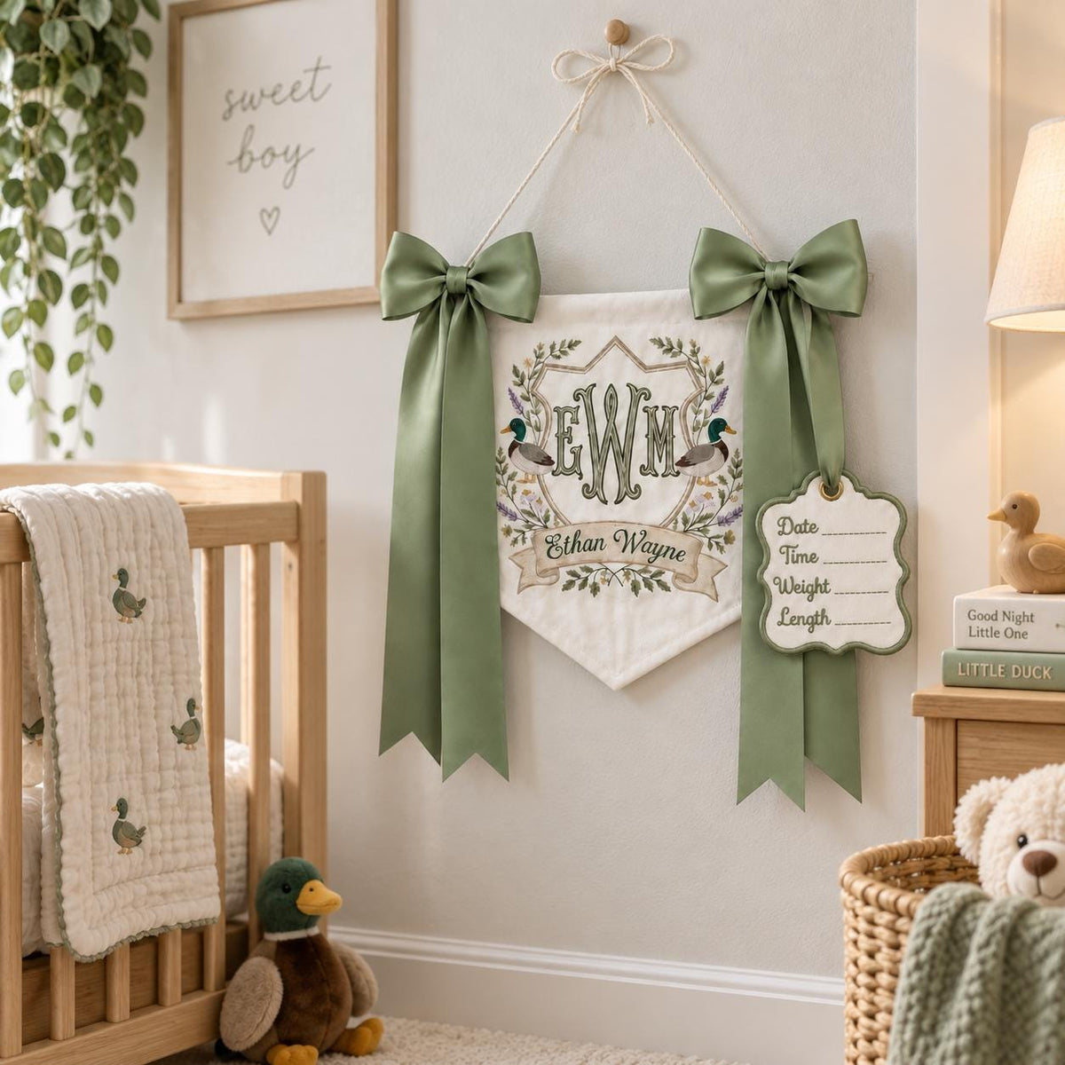 Personalized Duck Baby Banner with Birth Date, Monogram Name Sign, Hospital Door Sign, Nursery Hanging Pennant with Sage Green Bow