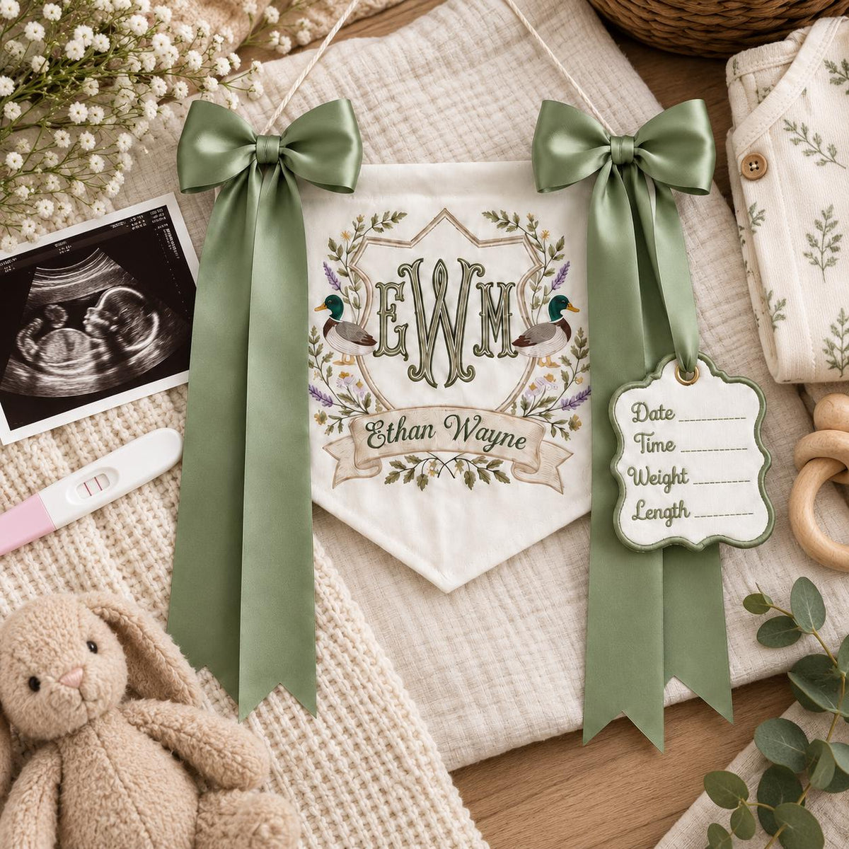 Personalized Duck Baby Banner with Birth Date, Monogram Name Sign, Hospital Door Sign, Nursery Hanging Pennant with Sage Green Bow