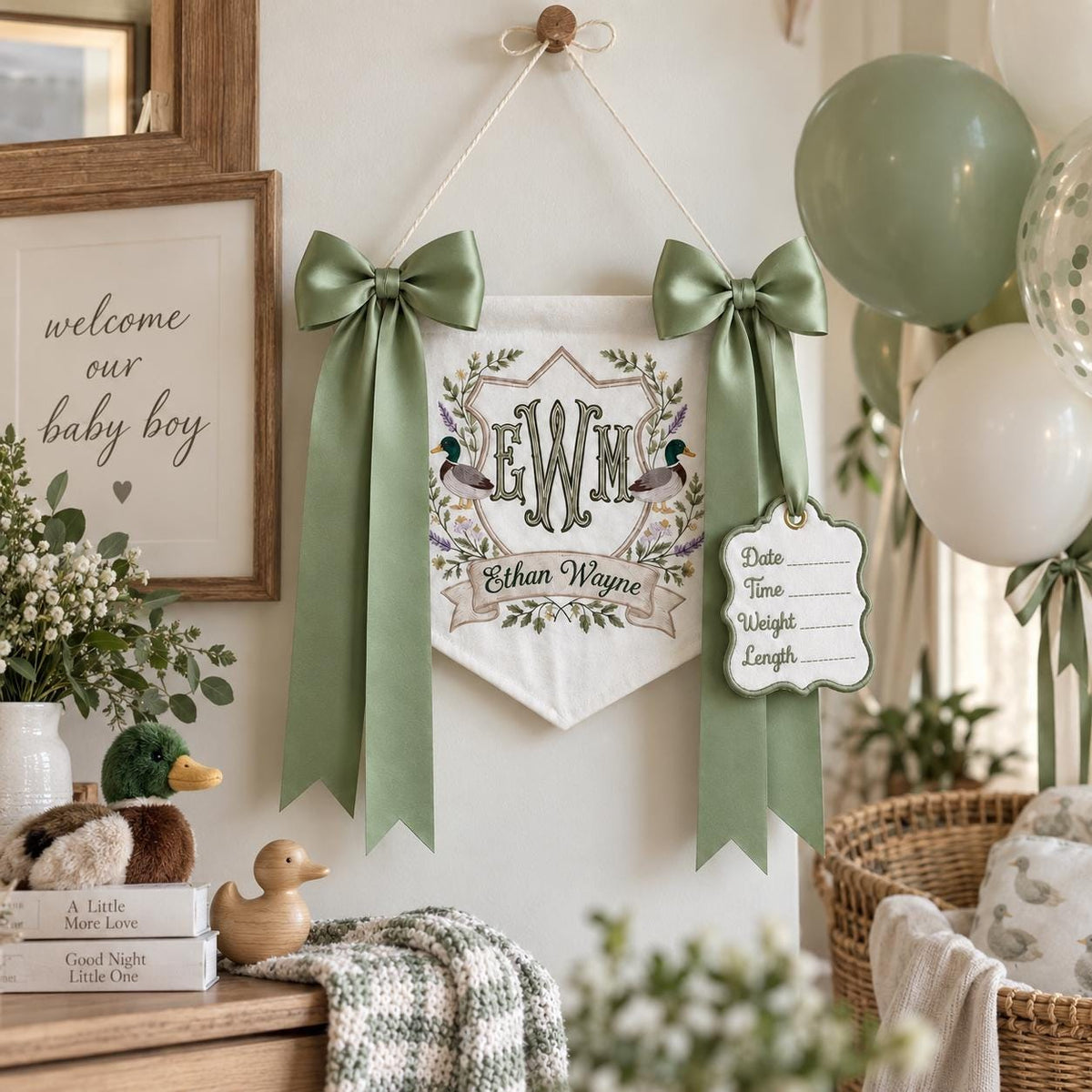 Personalized Duck Baby Banner with Birth Date, Monogram Name Sign, Hospital Door Sign, Nursery Hanging Pennant with Sage Green Bow