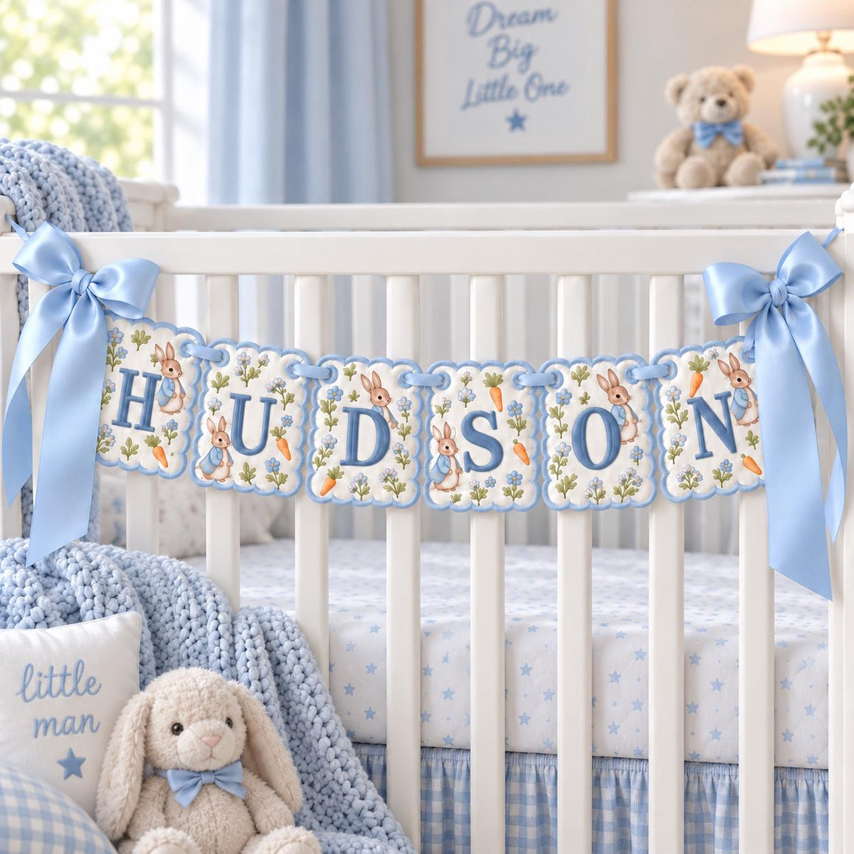 Personalized Baby Name Banner, Embroidered Bunny Name Garland, Custom Baby Boy Crib Banner, Blue Nursery Decor, Baby Shower Gift