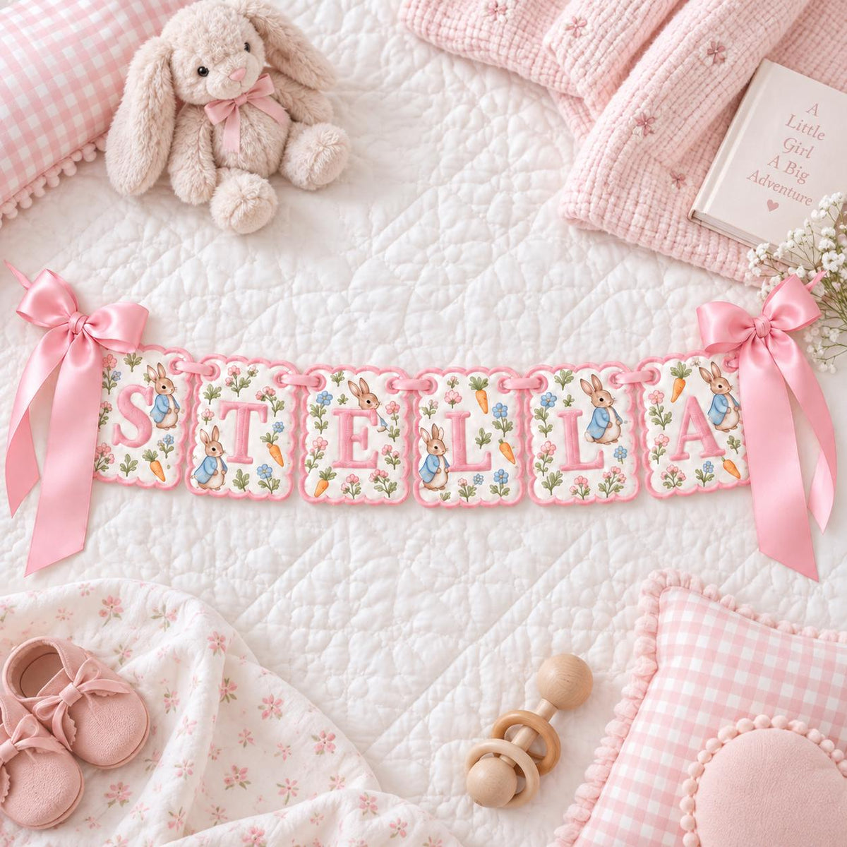 Personalized Baby Name Banner, Embroidered Bunny Name Garland, Custom Baby Boy Crib Banner, Blue Nursery Decor, Baby Shower Gift