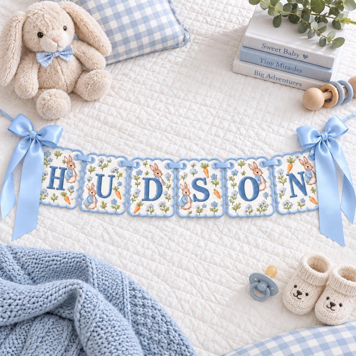 Personalized Baby Name Banner, Embroidered Bunny Name Garland, Custom Baby Boy Crib Banner, Blue Nursery Decor, Baby Shower Gift