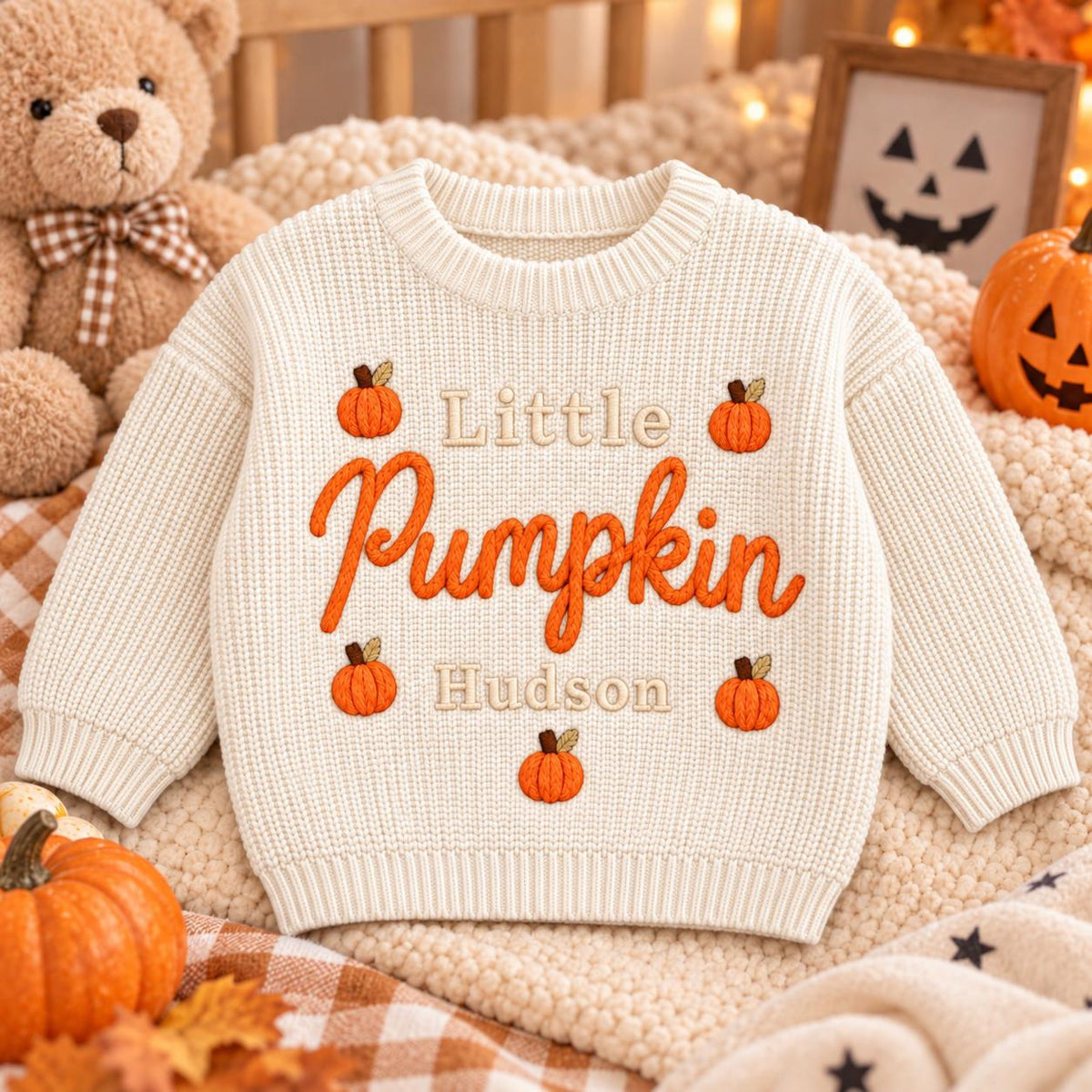 Personalized Little Pumpkin Baby Sweater, Custom Name Fall Sweater, Embroidered Pumpkin Knit Pullover, Newborn Toddler Thanksgiving Outfit