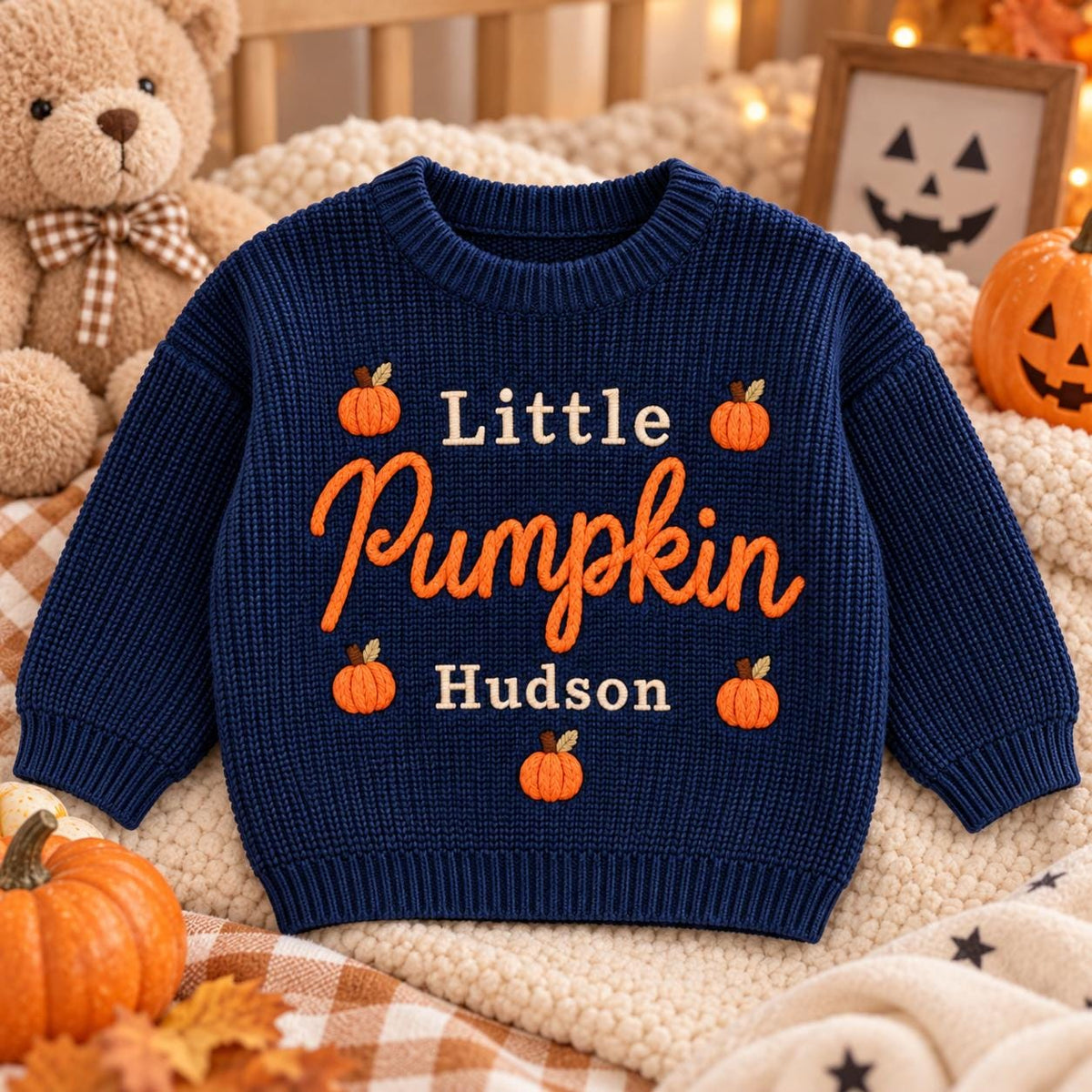 Personalized Little Pumpkin Baby Sweater, Custom Name Fall Sweater, Embroidered Pumpkin Knit Pullover, Newborn Toddler Thanksgiving Outfit