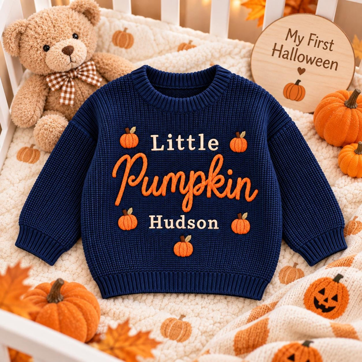 Personalized Little Pumpkin Baby Sweater, Custom Name Fall Sweater, Embroidered Pumpkin Knit Pullover, Newborn Toddler Thanksgiving Outfit