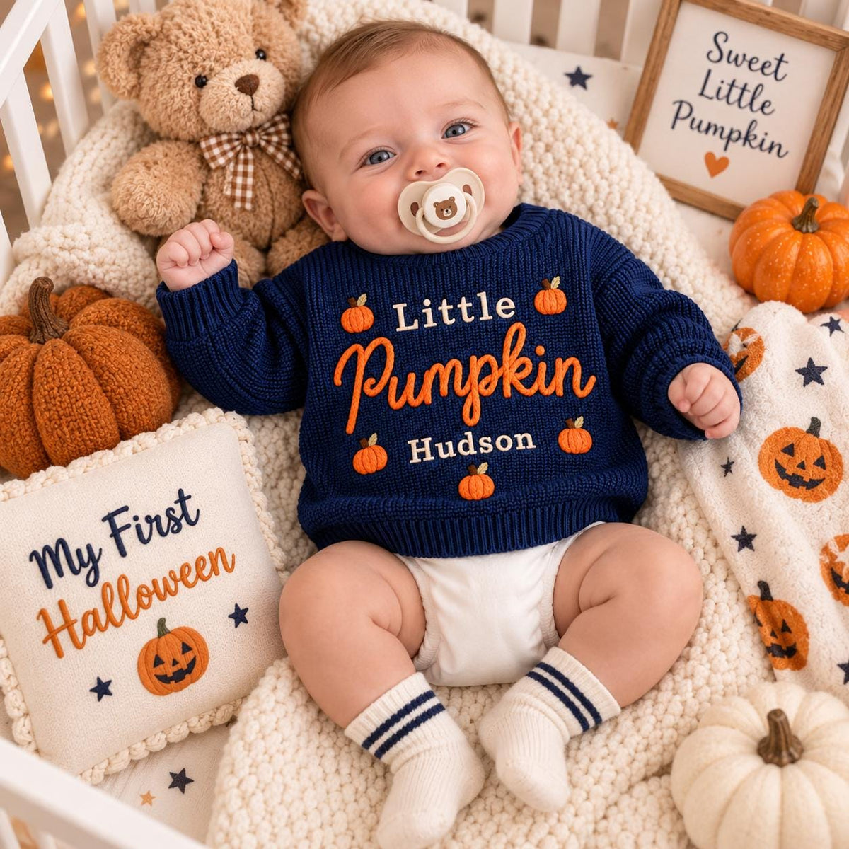 Personalized Little Pumpkin Baby Sweater, Custom Name Fall Sweater, Embroidered Pumpkin Knit Pullover, Newborn Toddler Thanksgiving Outfit