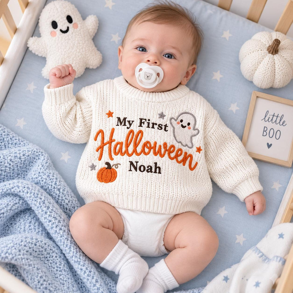 My First Halloween Baby Sweater, Personalized Baby Name Sweater, Embroidered Ghost Pumpkin Knit Pullover, Newborn First Halloween Outfit