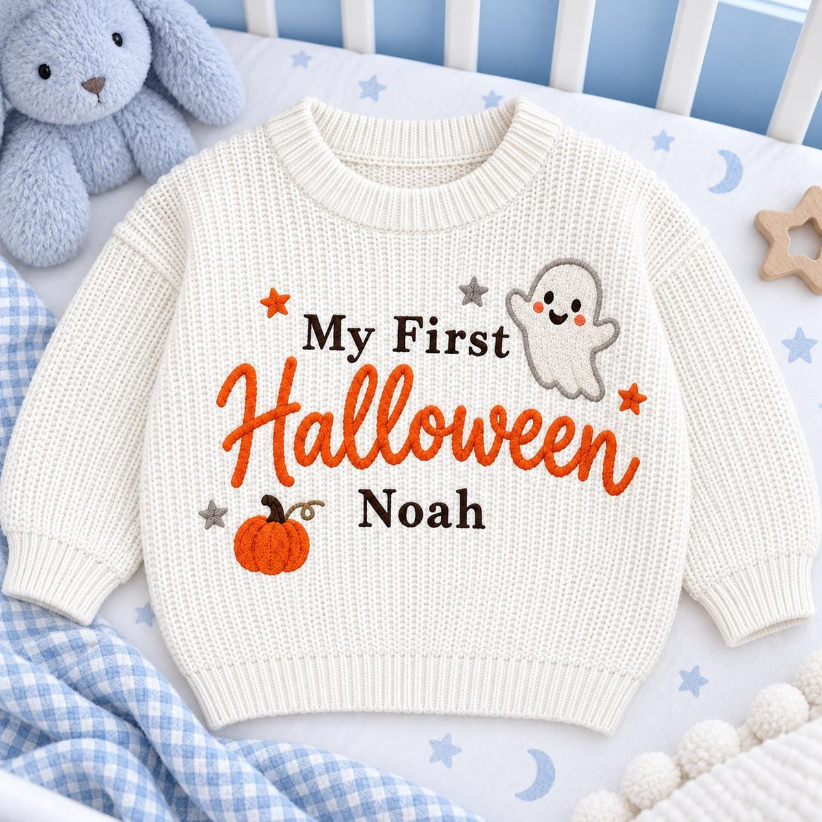 My First Halloween Baby Sweater, Personalized Baby Name Sweater, Embroidered Ghost Pumpkin Knit Pullover, Newborn First Halloween Outfit