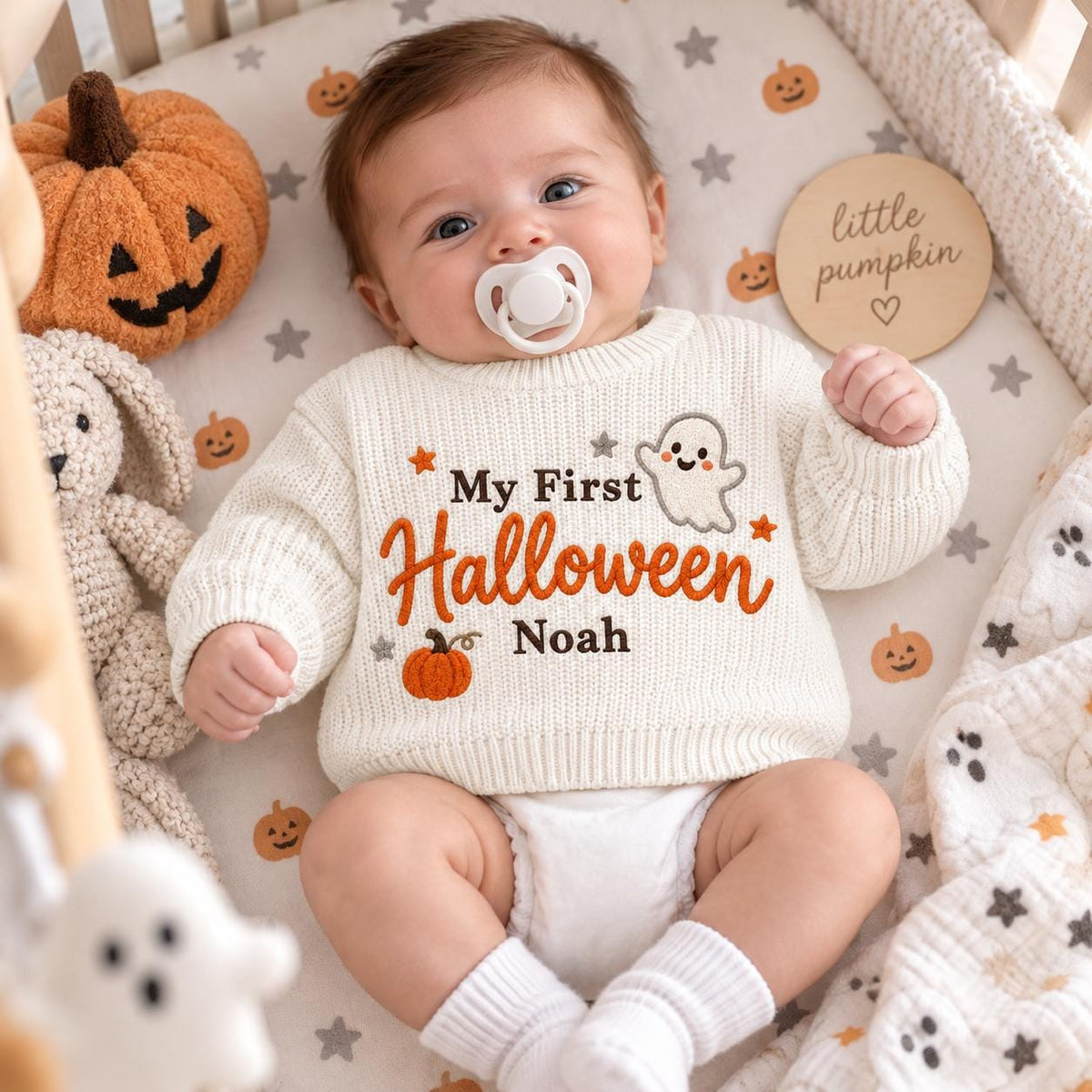 My First Halloween Baby Sweater, Personalized Baby Name Sweater, Embroidered Ghost Pumpkin Knit Pullover, Newborn First Halloween Outfit