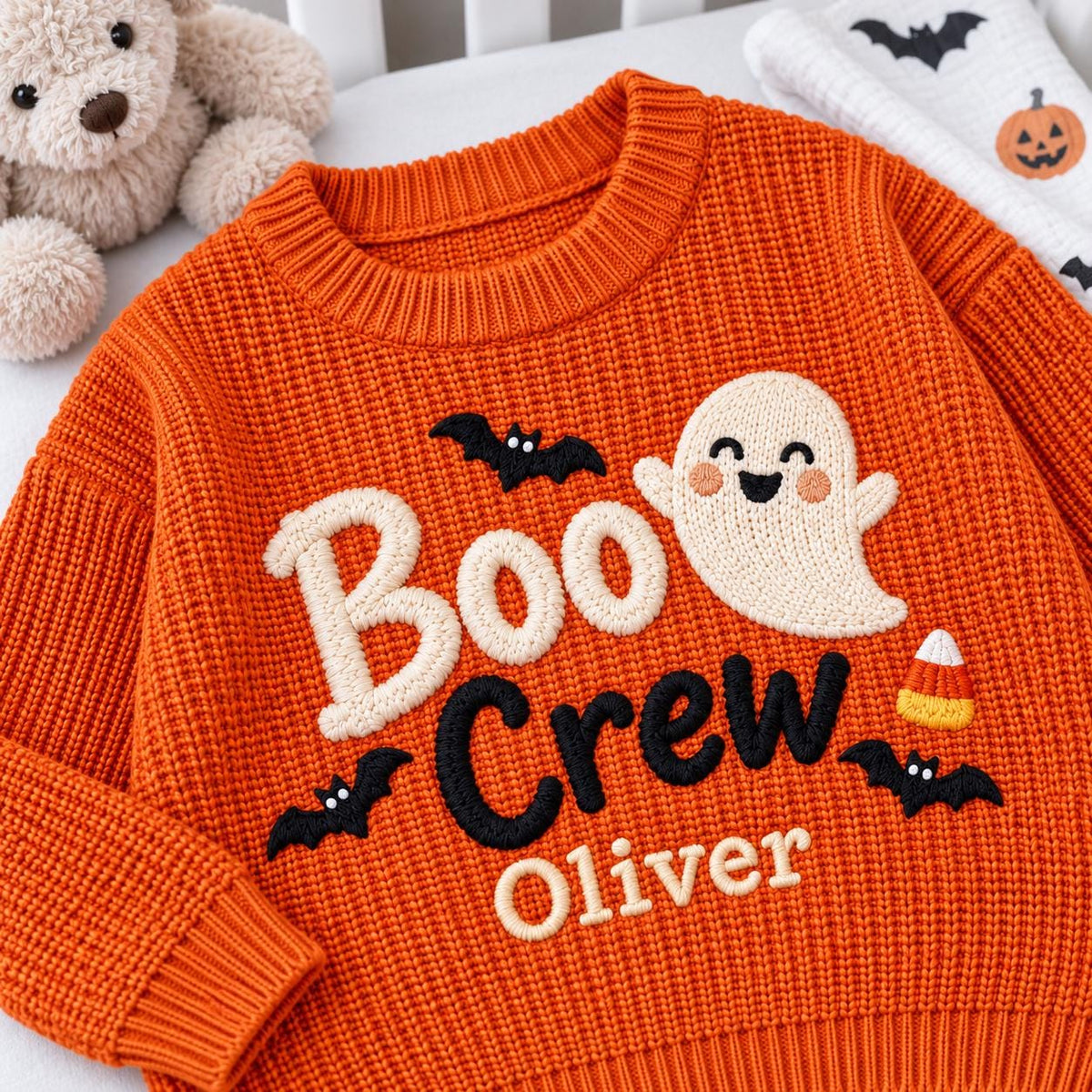 Personalized Halloween Baby Sweater, Boo Crew Custom Name Sweater, Embroidered Ghost Bat Baby Knit Pullover, Toddler Halloween Outfit