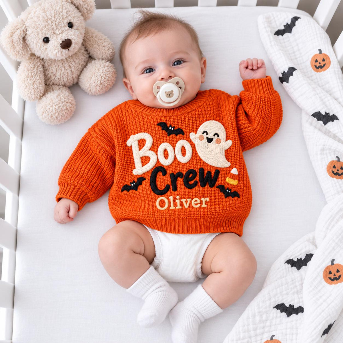 Personalized Halloween Baby Sweater, Boo Crew Custom Name Sweater, Embroidered Ghost Bat Baby Knit Pullover, Toddler Halloween Outfit