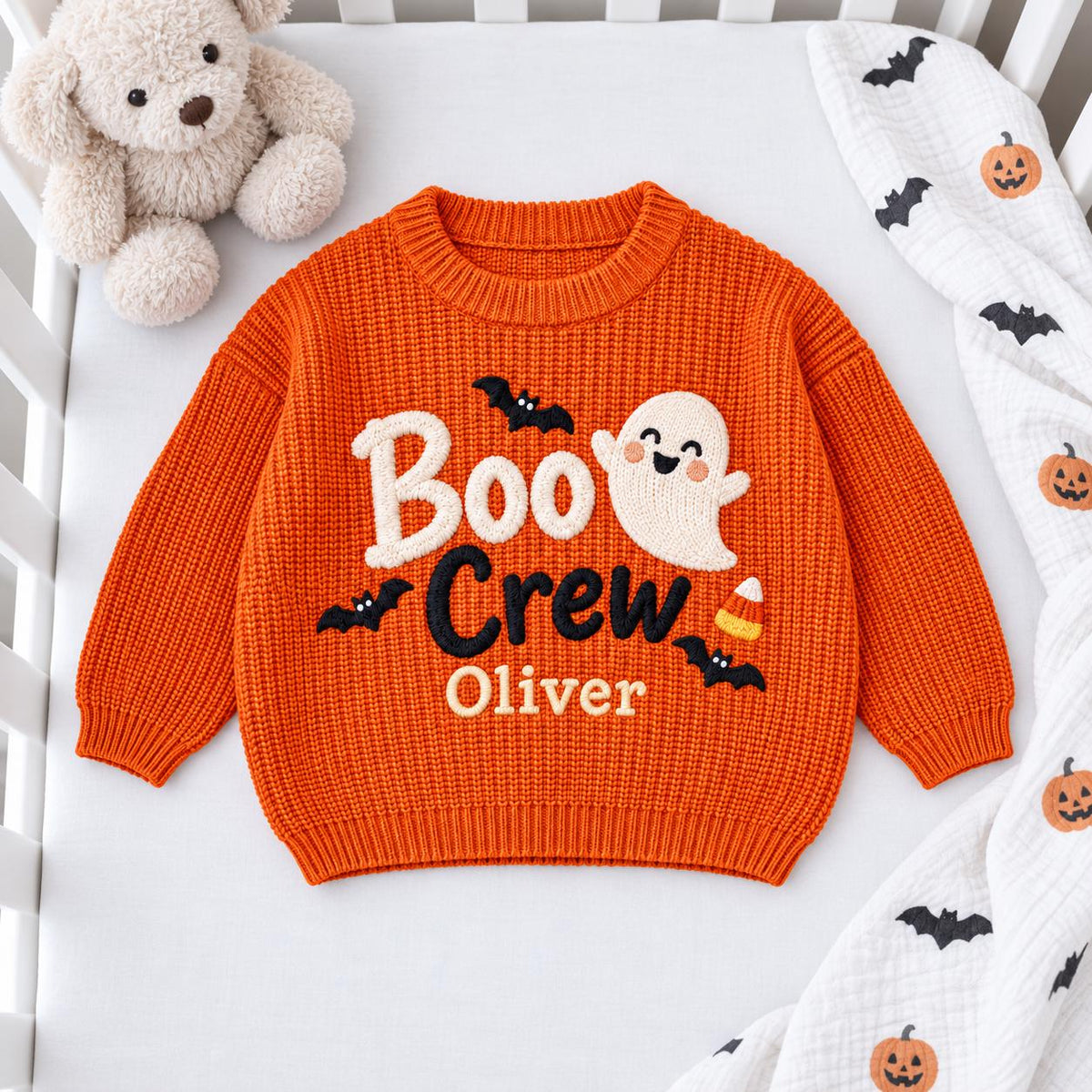 Personalized Halloween Baby Sweater, Boo Crew Custom Name Sweater, Embroidered Ghost Bat Baby Knit Pullover, Toddler Halloween Outfit