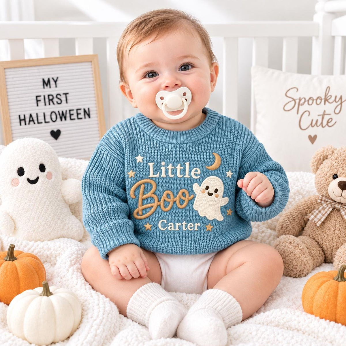 Personalized Little Boo Baby Sweater, Custom Name Ghost Sweater, Embroidered Halloween Baby Knit Pullover, Newborn Toddler Spooky Outfit