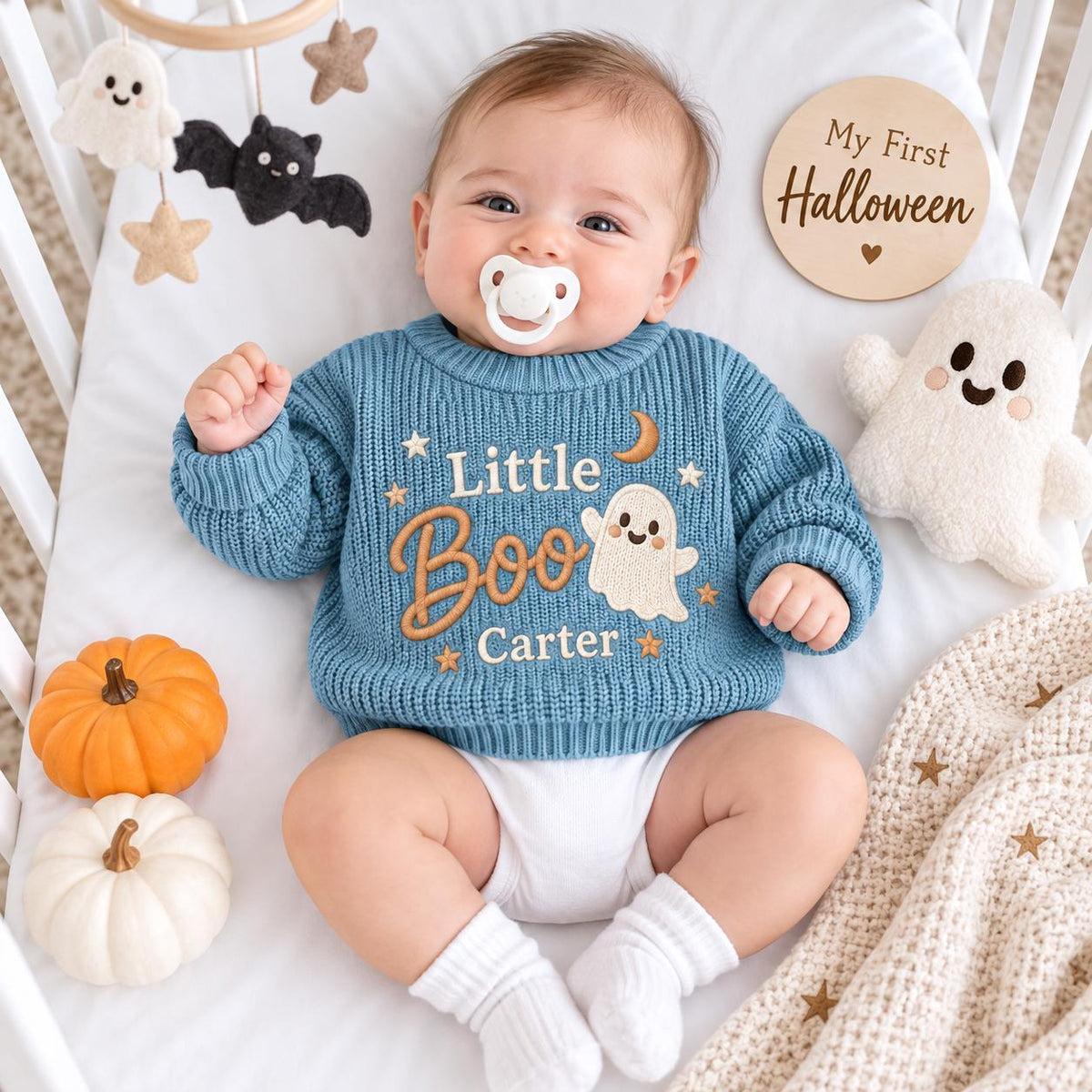 Personalized Little Boo Baby Sweater, Custom Name Ghost Sweater, Embroidered Halloween Baby Knit Pullover, Newborn Toddler Spooky Outfit