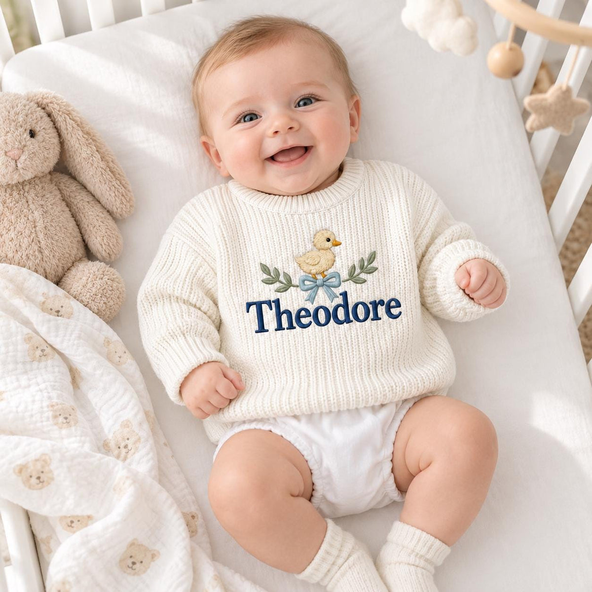 Personalized Baby Sweater, Custom Name Duckling Sweater, Embroidered Baby Boy Knit Pullover, Newborn Toddler Baby Shower Gift