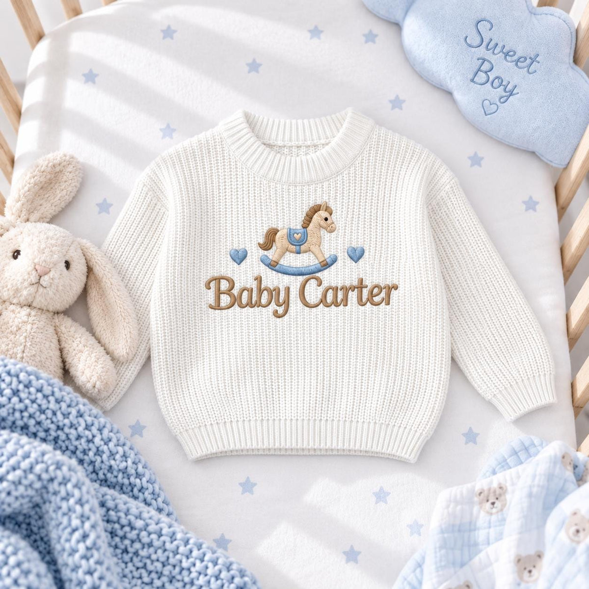 Personalized Rocking Horse Baby Knit Sweater Embroidered Name