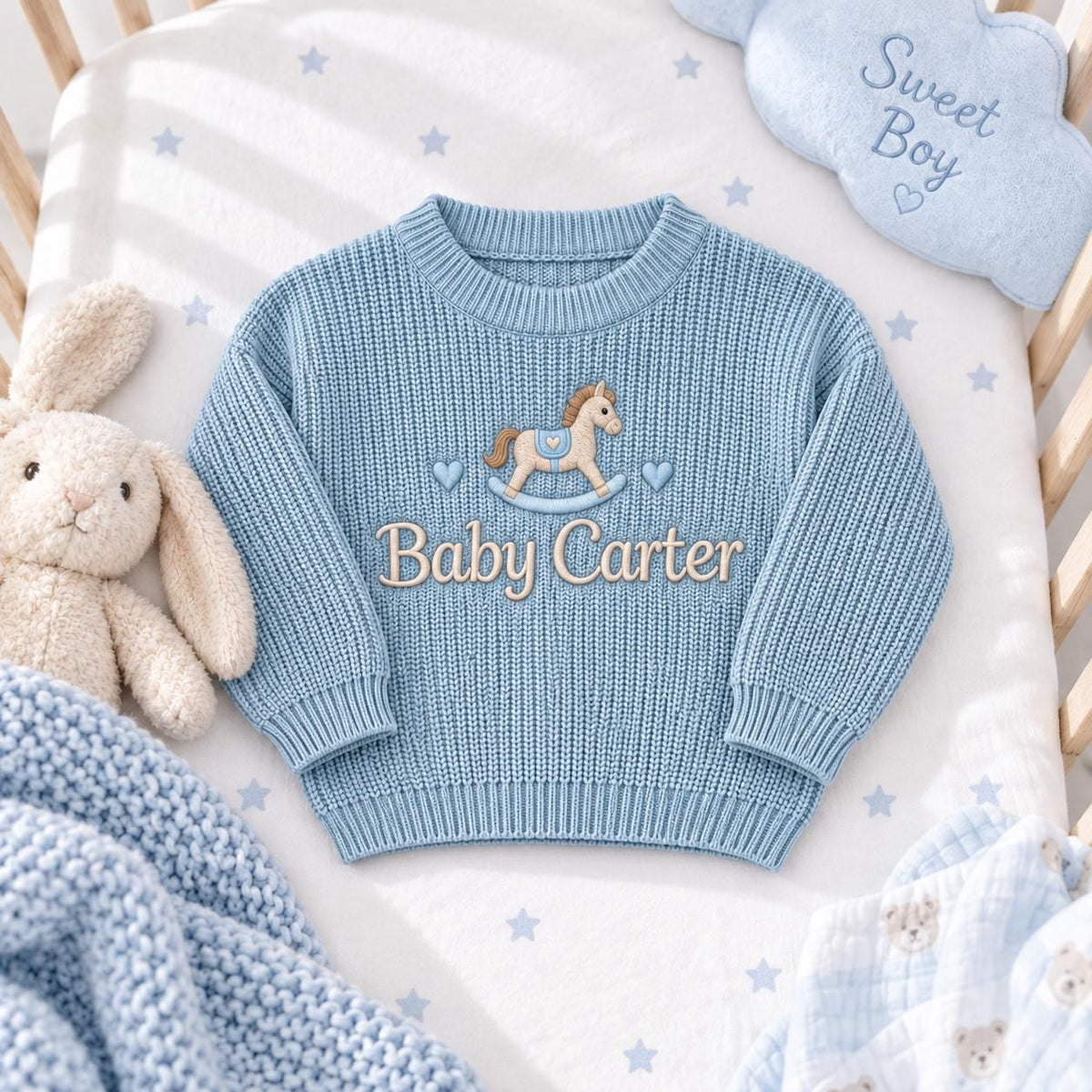 Personalized Rocking Horse Baby Knit Sweater Embroidered Name