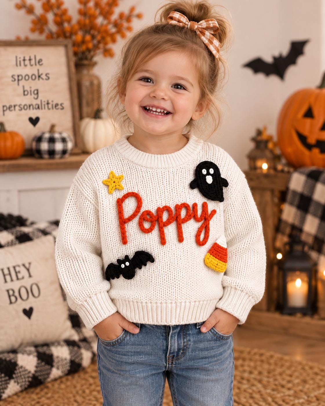 Personalized Halloween Baby Sweater, Boo Crew Custom Name Sweater, Embroidered Ghost Bat Baby Knit Pullover, Toddler Halloween Outfit