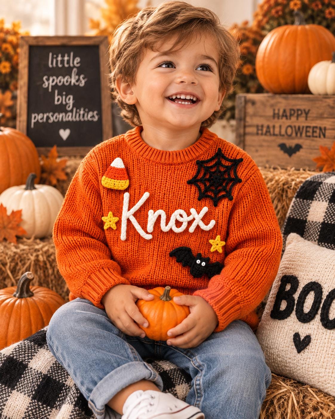 Personalized Halloween Baby Sweater, Boo Crew Custom Name Sweater, Embroidered Ghost Bat Baby Knit Pullover, Toddler Halloween Outfit