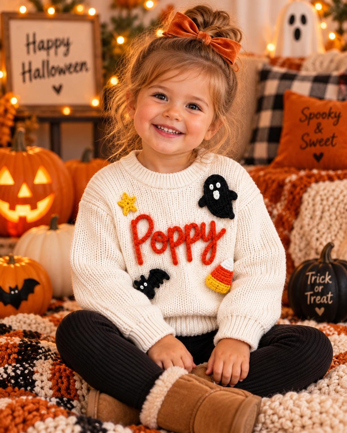 Personalized Halloween Baby Sweater, Boo Crew Custom Name Sweater, Embroidered Ghost Bat Baby Knit Pullover, Toddler Halloween Outfit