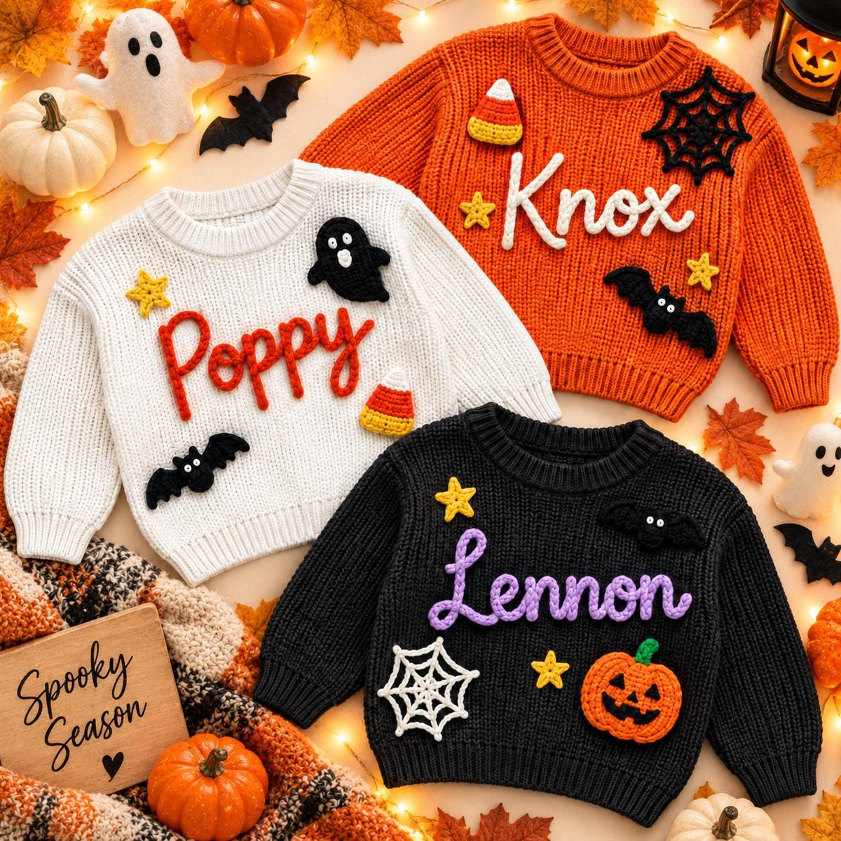 Personalized Halloween Baby Sweater, My First Halloween Outfit, Custom Name Knit Sweater, Toddler Pumpkin Ghost Bat, Baby Halloween Gifts