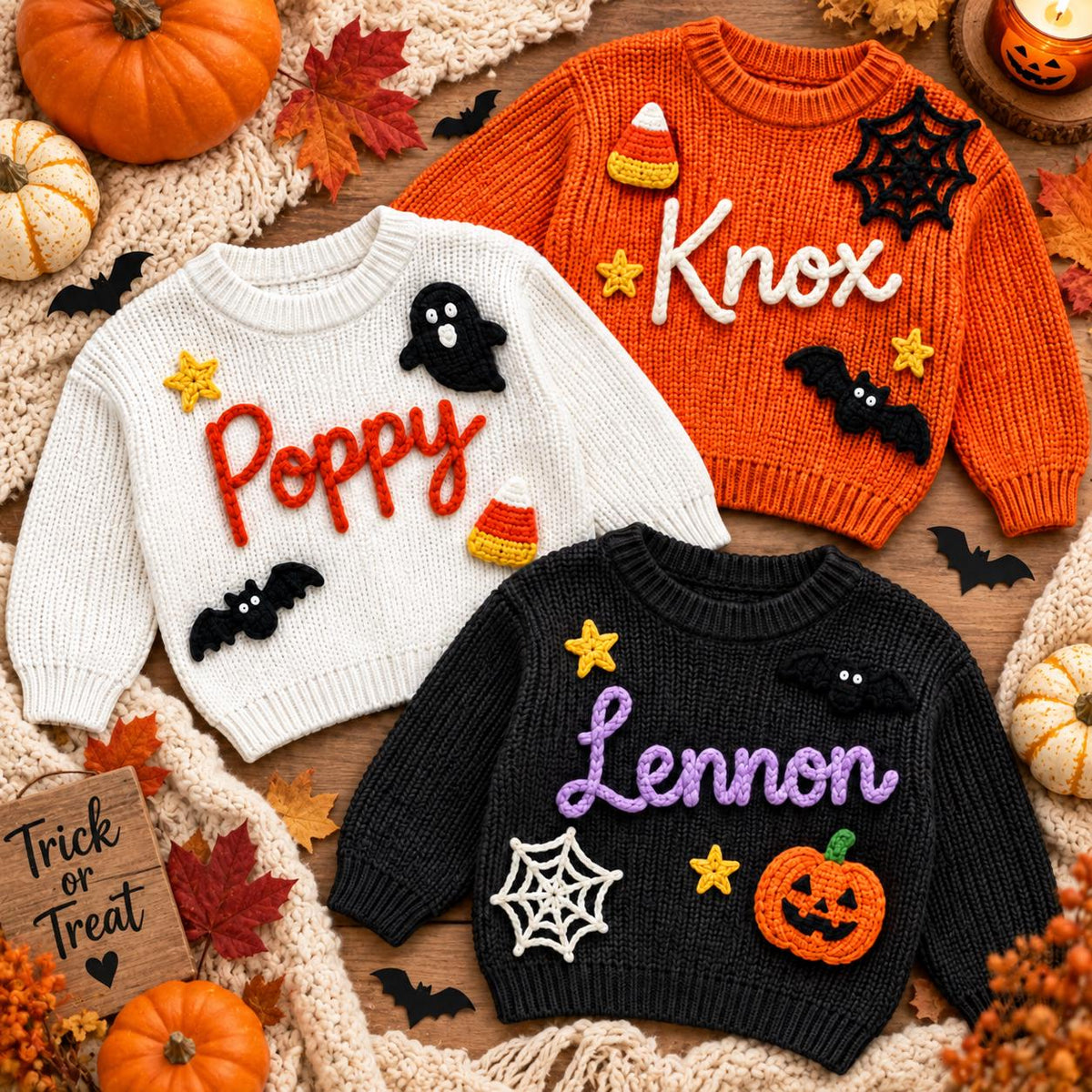 Personalized Halloween Baby Sweater, My First Halloween Outfit, Custom Name Knit Sweater, Toddler Pumpkin Ghost Bat, Baby Halloween Gifts