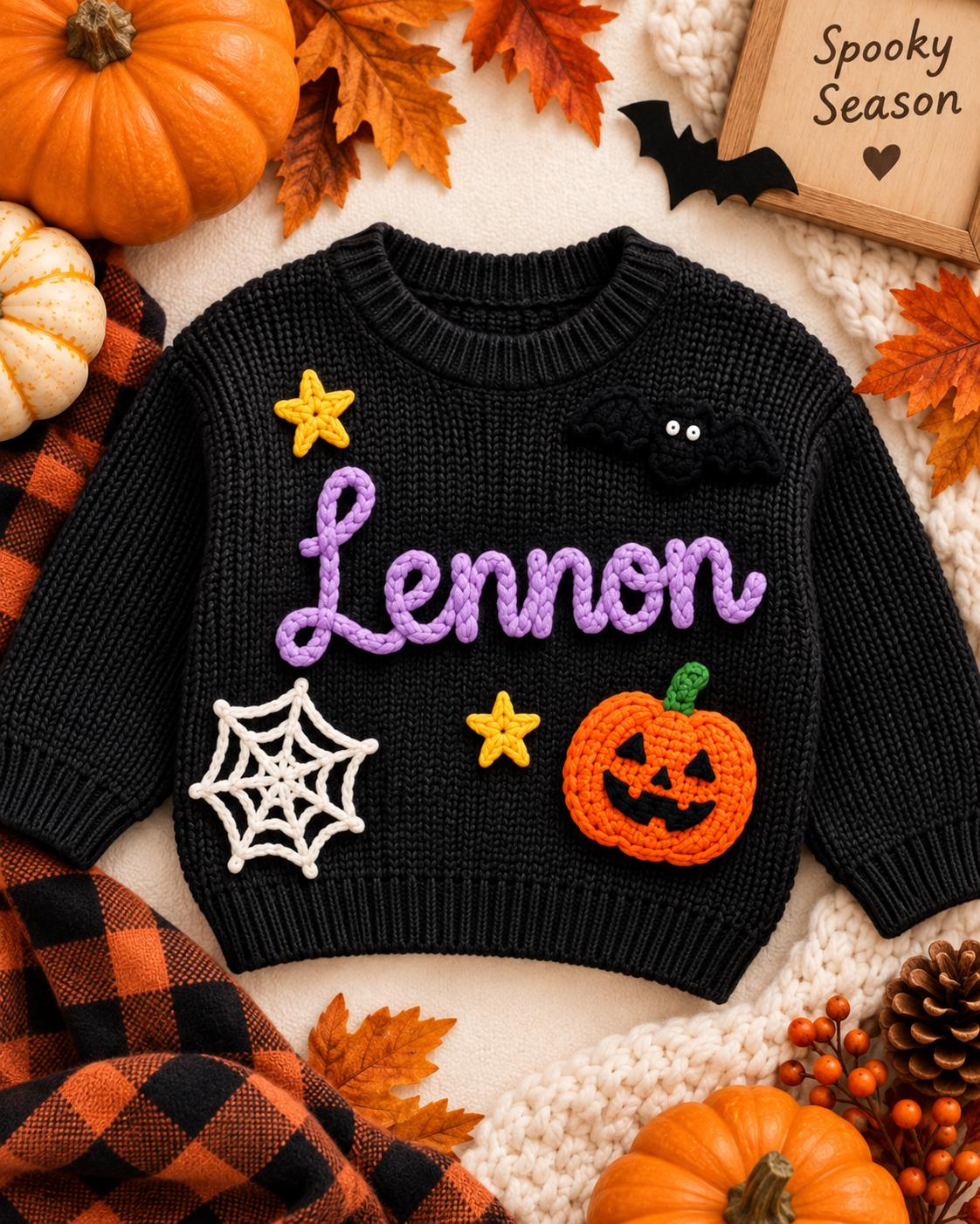 Personalized Halloween Baby Sweater, My First Halloween Outfit, Custom Name Knit Sweater, Toddler Pumpkin Ghost Bat, Baby Halloween Gifts