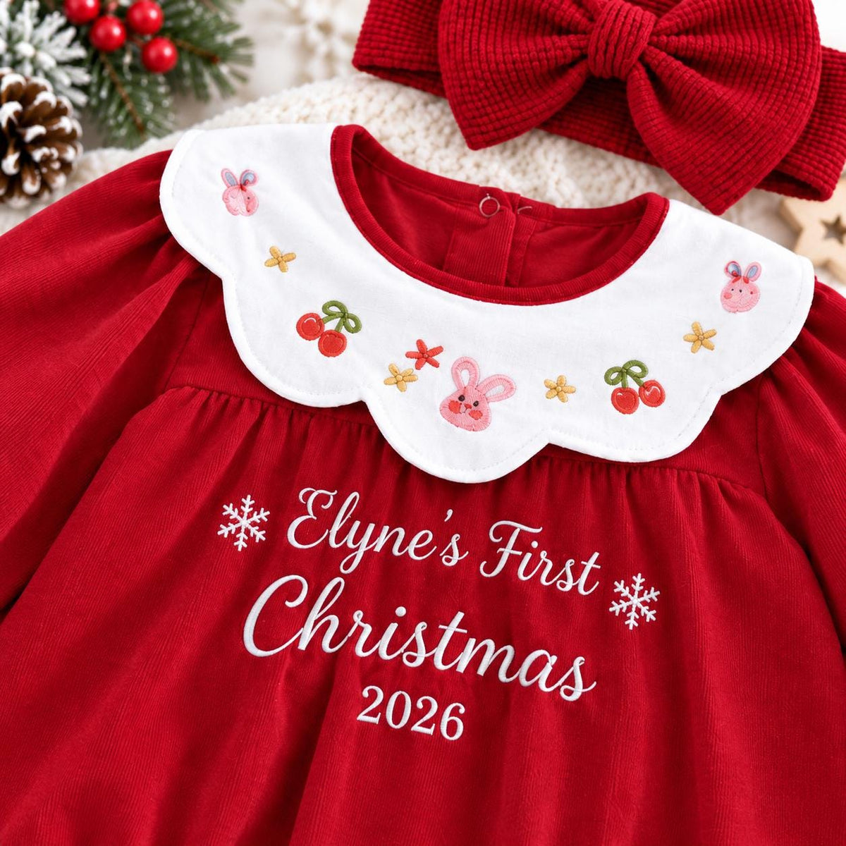 Personalized Baby Christmas Romper, Embroidered Name, First Christmas Outfit
