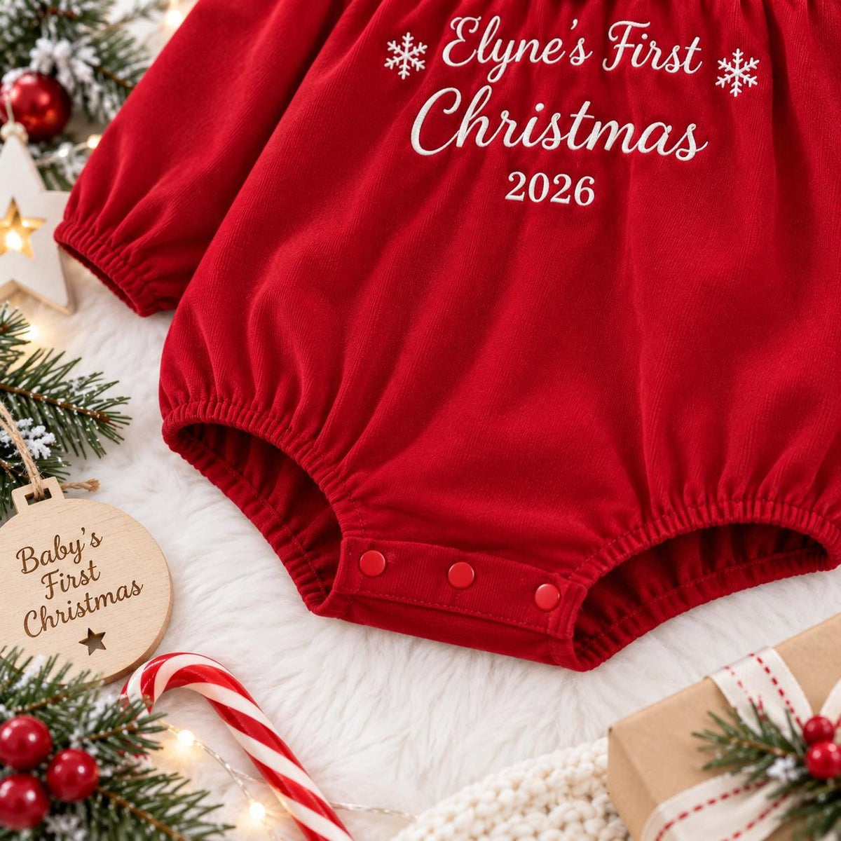 Personalized Baby Christmas Romper, My First Christmas Outfit, Custom Name Embroidered Baby Girl Romper, Holiday Baby Outfit