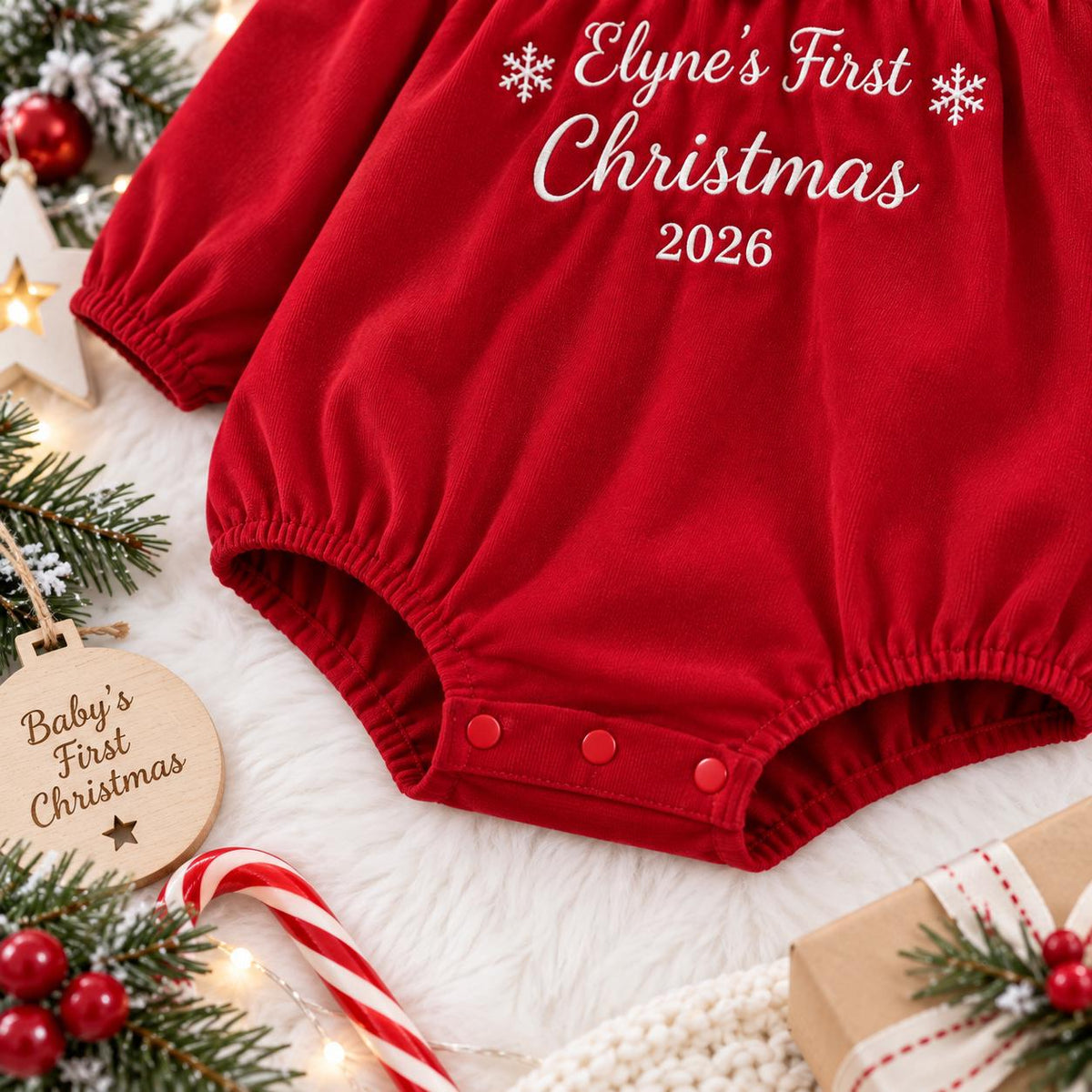 Personalized Baby Christmas Romper, Embroidered Name, First Christmas Outfit