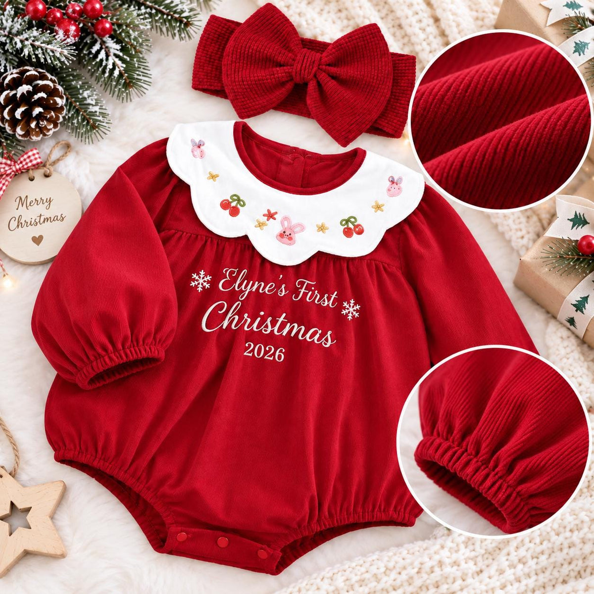 Personalized Baby Christmas Romper, Embroidered Name, First Christmas Outfit